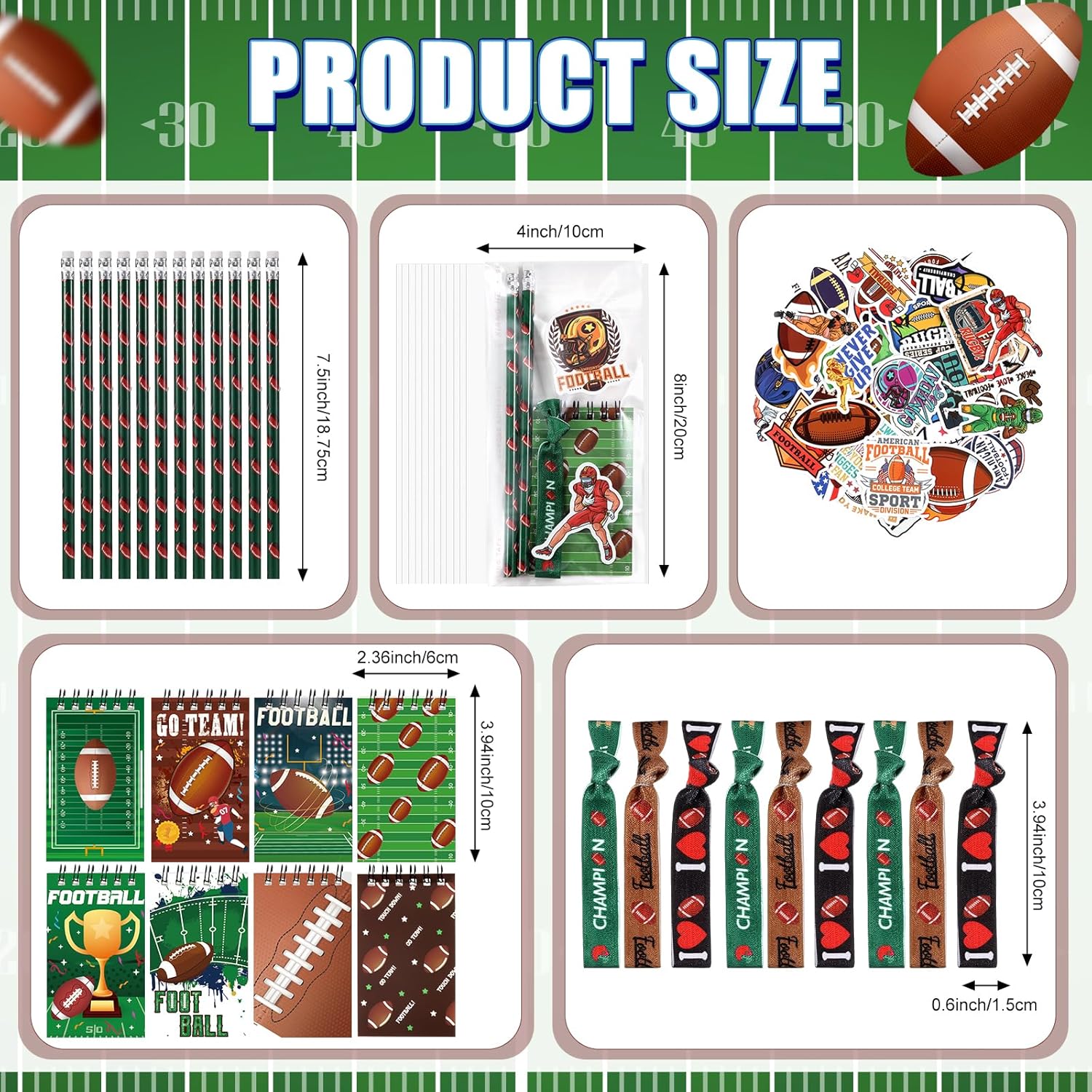 Maxdot 212 Pieces Football Party Favors Set, 24 Pencil 24 Bracelets 24 Mini Notepads 100 Stickers 40 Opp Bags for Football Party Supplies Sports Gifts School Classroom Games Rewards Supplies - Image 3