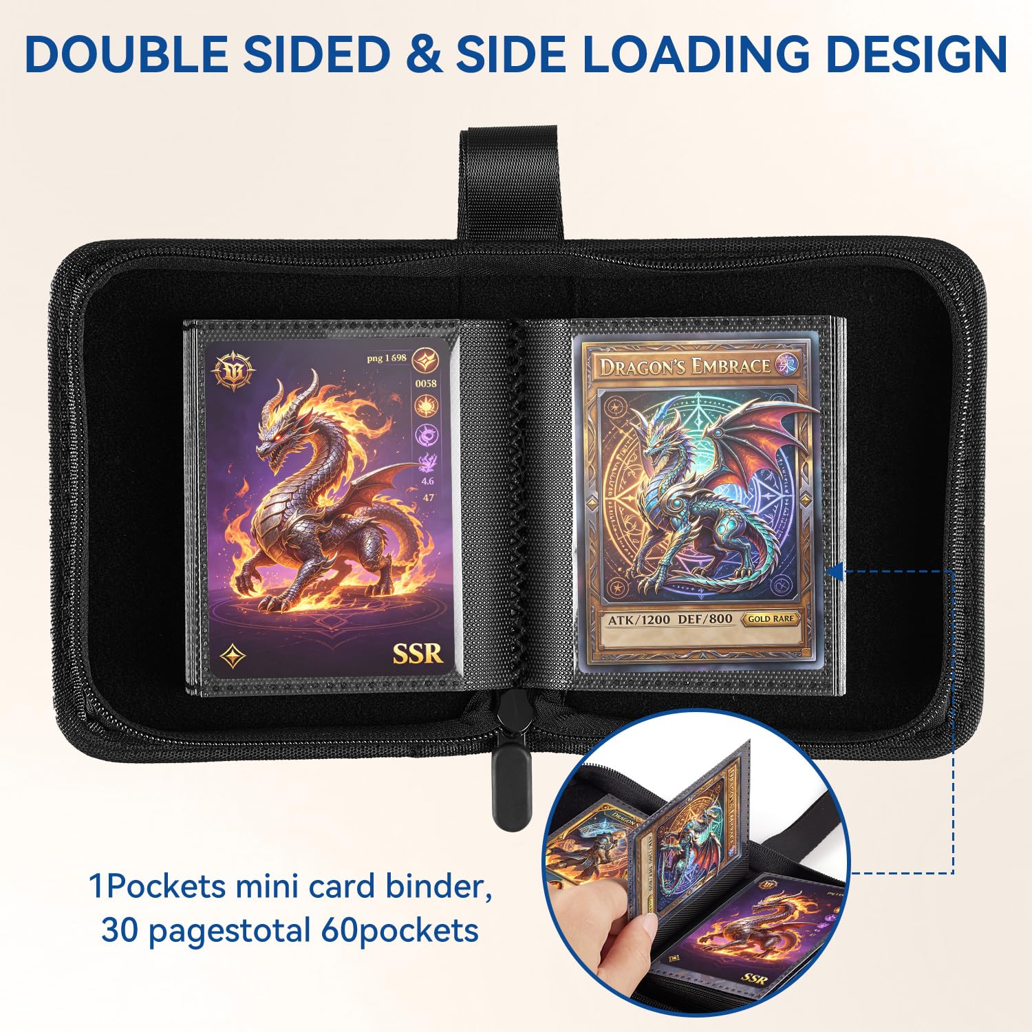 Mini Card Binder, EDUDIIU Small Pokemon Card Binder, 1 Pocket Card Binder 30 Pages Holds 60 Cards, Side-Loading Single Binder for TCG, MTG, Sports, Baseball, Small Trading Card Zipper Book