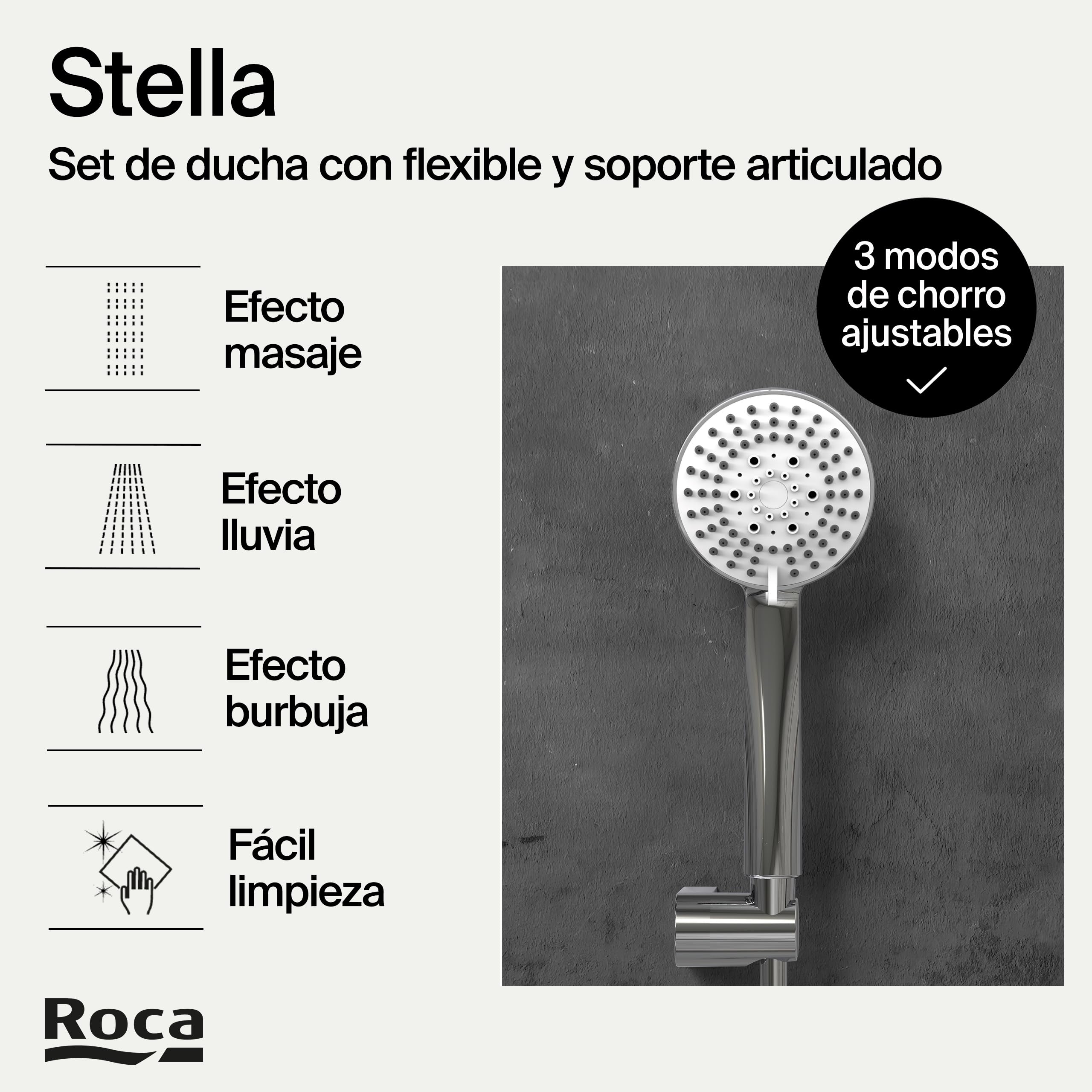 Roca,Stella,Set de ducha. Incluye ducha de mano de 100 mm de 3 funciones, soporte de ducha articulado y flexible de PVC satinado de 1,70 m,A5B1C03C00