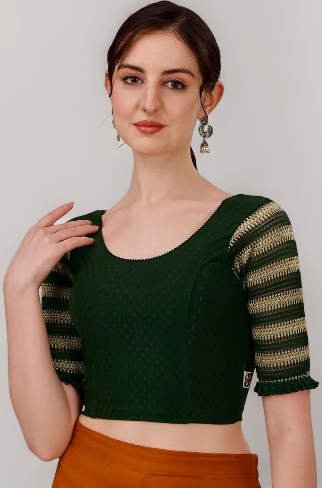 SFT Round Neck Cotton Lycra Stretchable Laced Elbow Sleeves Readymade Saree Blouse for Women Stylish (Shibani