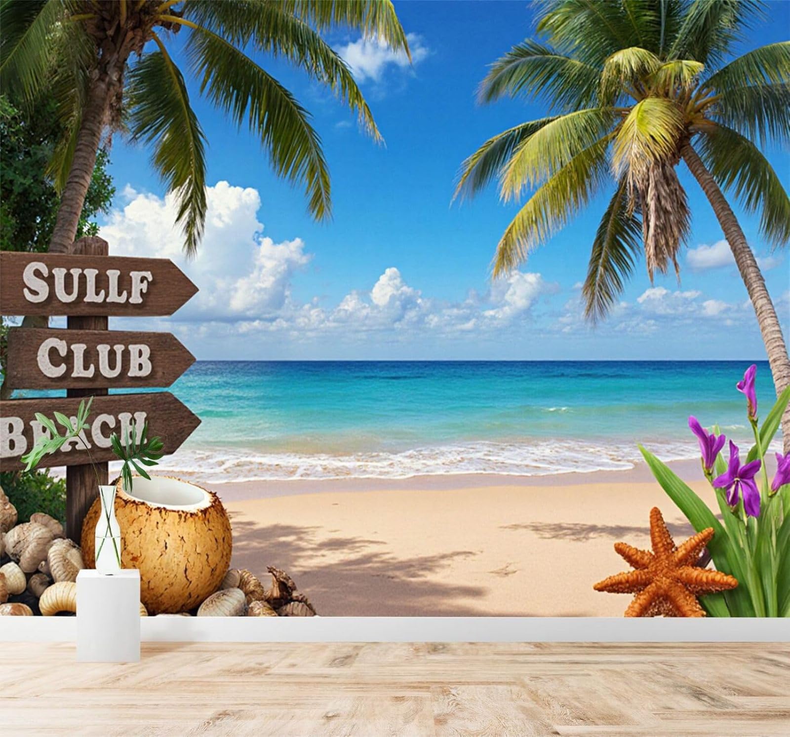 Xlming 250Cm×170Cm(B×H) Tropical Beach Palm Trees Ocean Waves Seashells Seascape 3D Wallpaper Silky Texture Home Study Office Grey Dining Room Sofa Bedroom Living Room Tv Backdrop-250Cm×170Cm