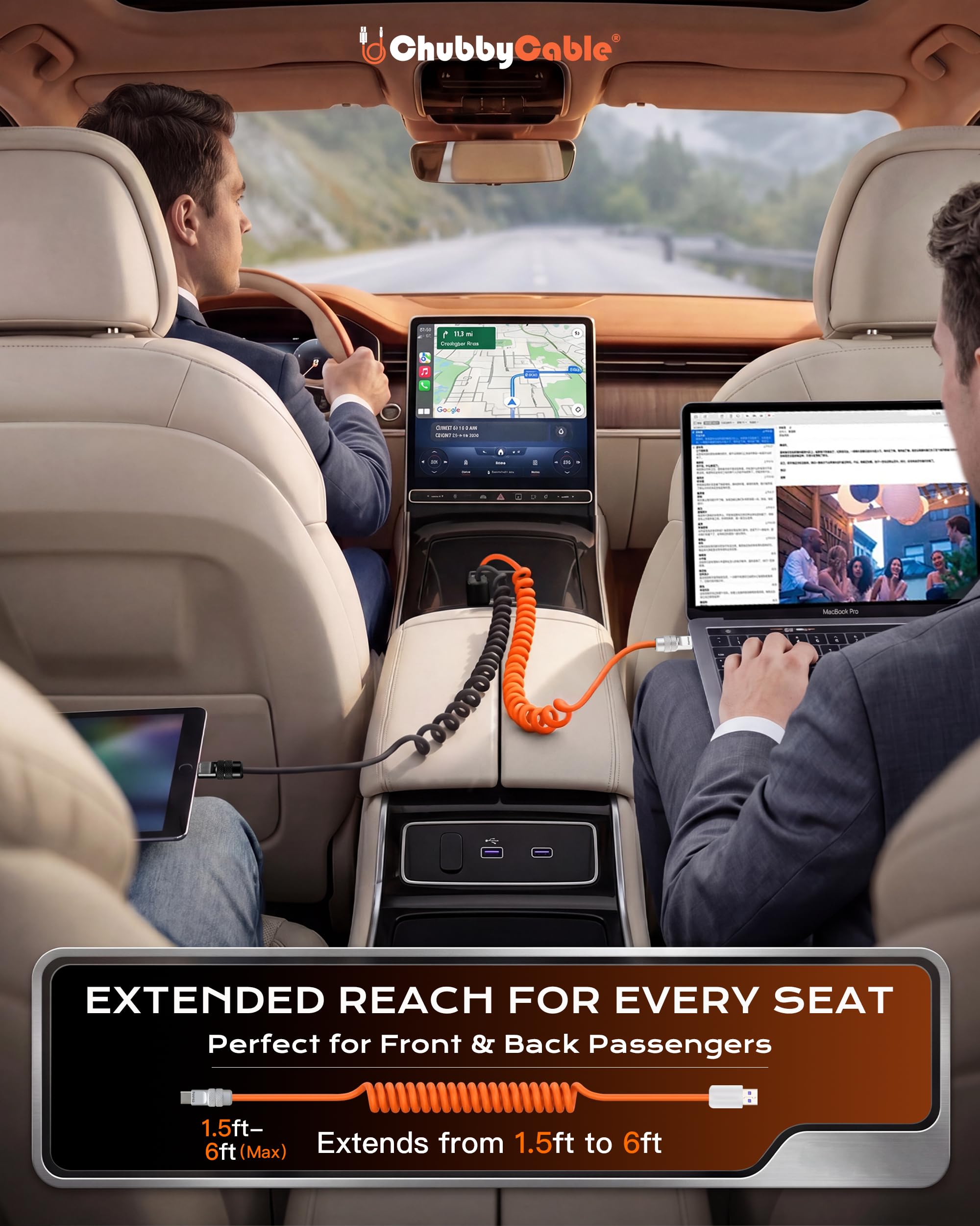 chubbycable Curly Chubby - Cavo USB C a spirale in silicone da 240 W, confezione da 2 [240H Sag-Free] Cavo di ricarica rapida a spirale per auto, cavo di ricarica retrattile per Android Auto e CarPlay