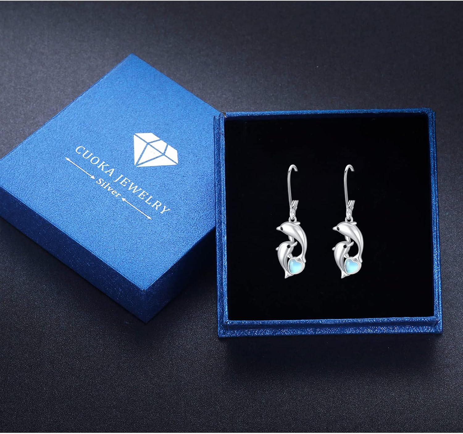 Dolphin Earrings for Women, Sterling Silver with Blue Heart Shaped Crystals Circle Hoop Earrings Ocean Nautical Cute Animal Sailor Drop Earrings for Sensitive Ears Jewelry for Best Friend - Image 7