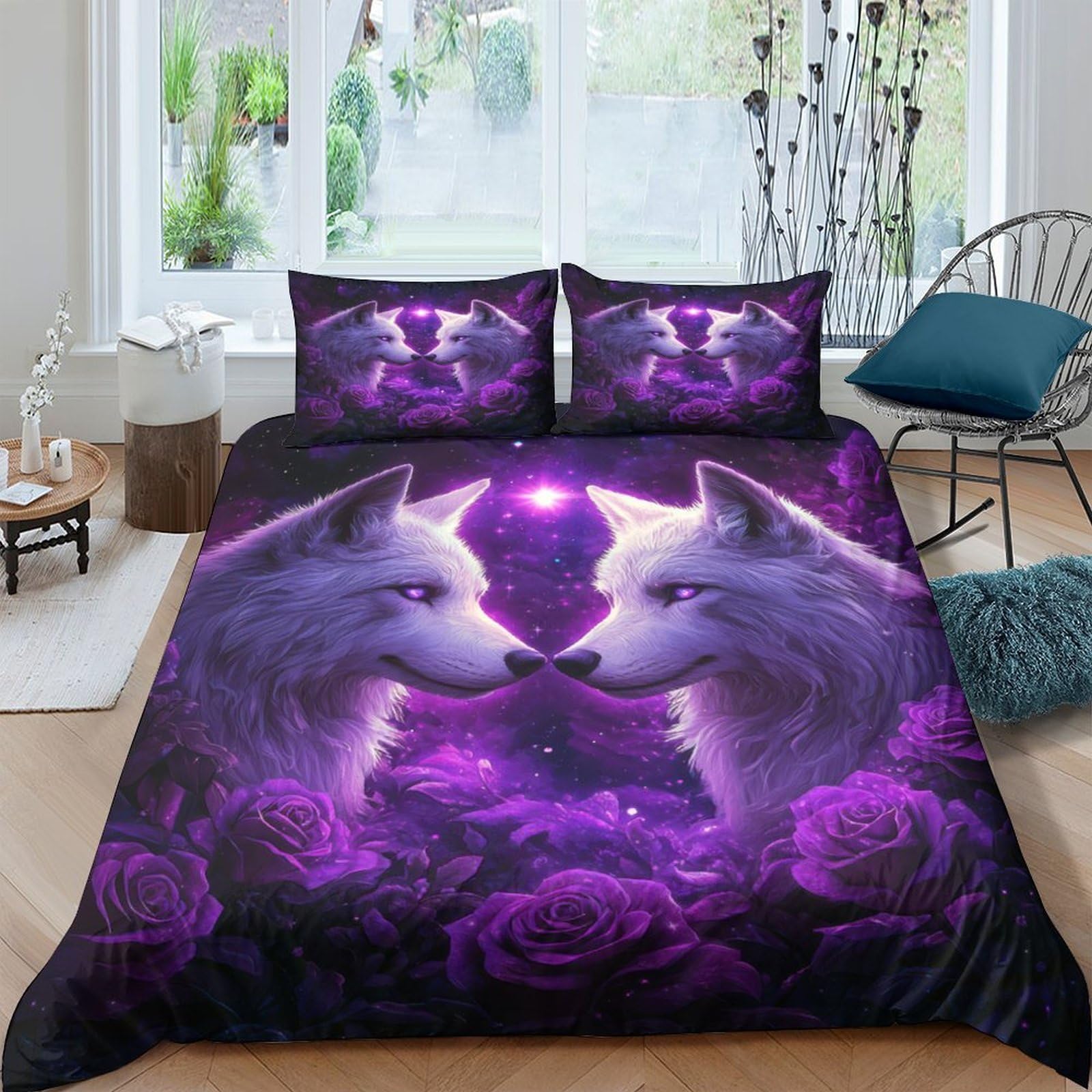 Ctjqhvkz Style-2 3D Printed Purple Wolf Fitted Sheet Microfiber Soft Breathable Moonlight Rose Mattress Cover For Bedroom Guest Room Decor Single（135X200cm）