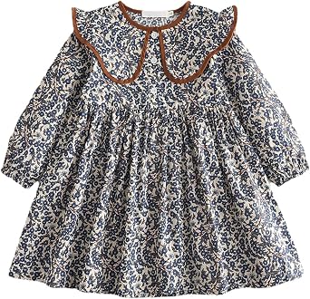ASHER FASHION Girls Kids Casual Midi Dress Princess Elegant Floral Print Peter Pan Collar Long Sleeve Maxi Dresses