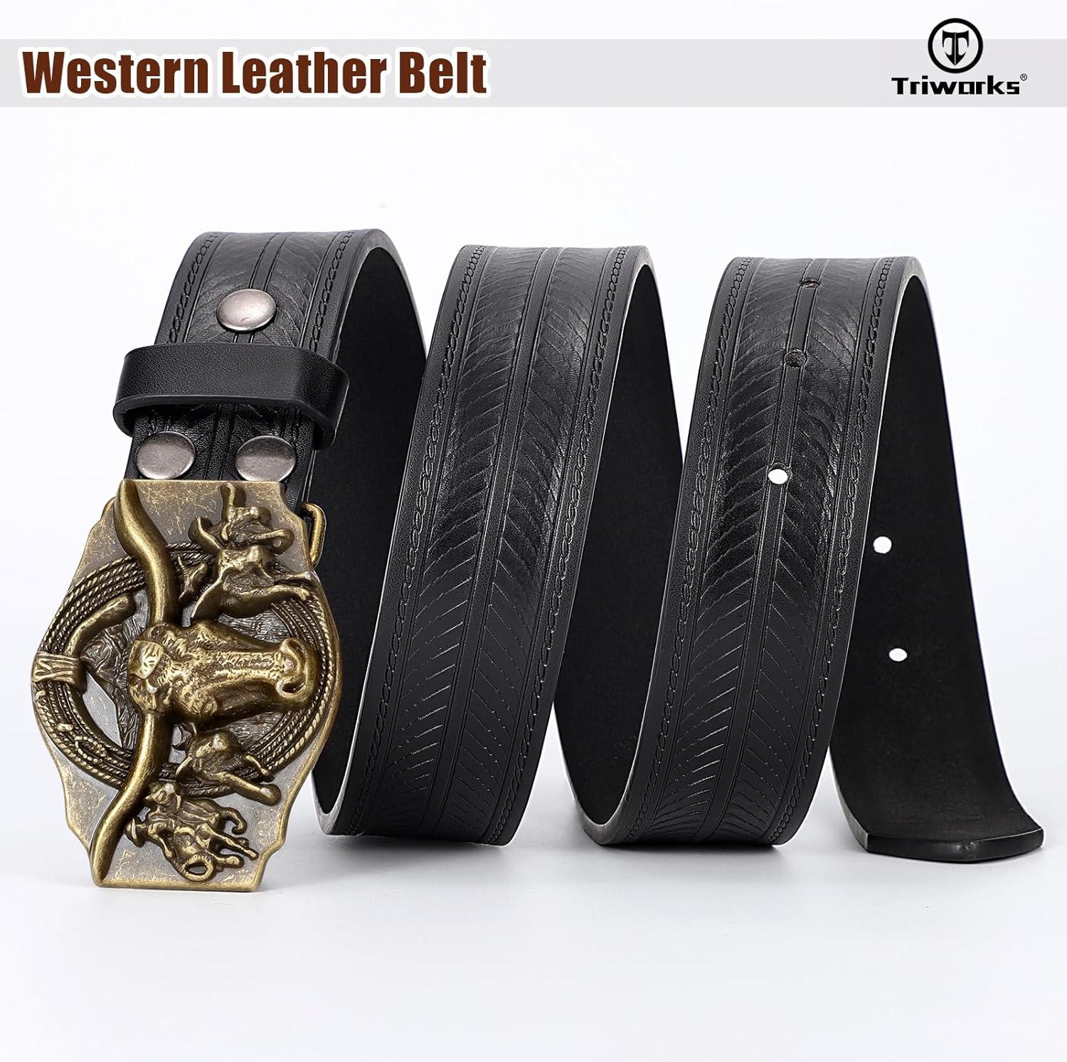 TRIWORKS Western Cowboy Leather Belt for Men Women Cowgirl Western Country Belt Mens Buckle Belt for Jeans - Image 3