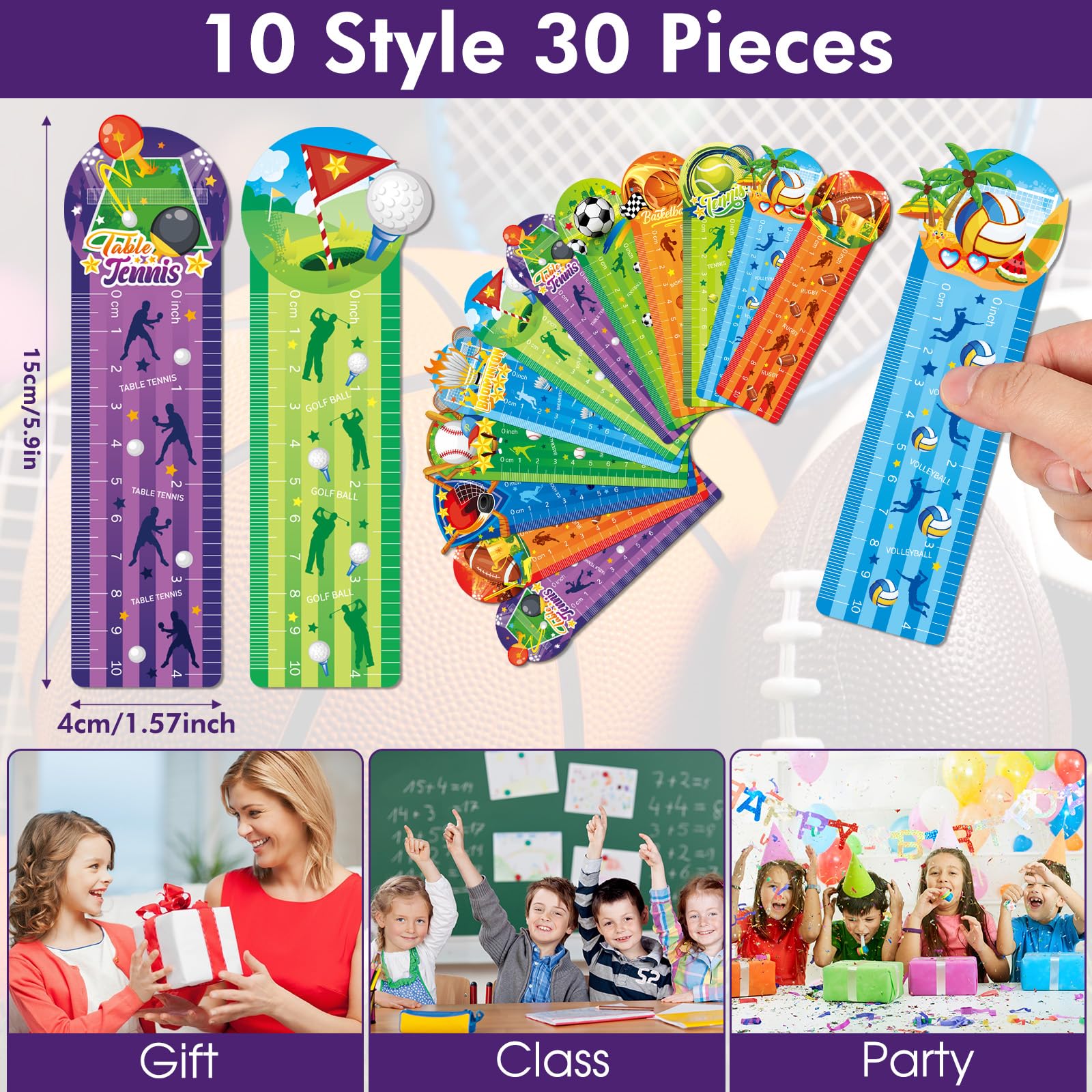 Segnalibri Sportivi Per Bambini - 30 Pezzi Con Righello, Tema Palloni E Clip - Foto 3