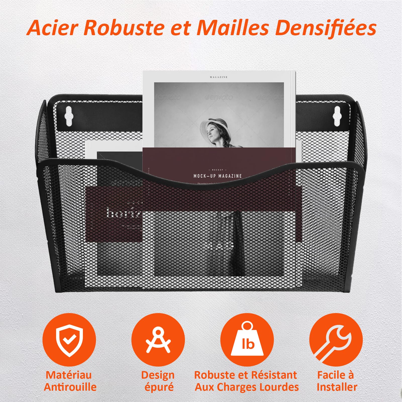 AGPTEK Porte-Documents Organiseur de Fichiers Dossiers Mural, 3 pièces, Mailles en Métal, Noir