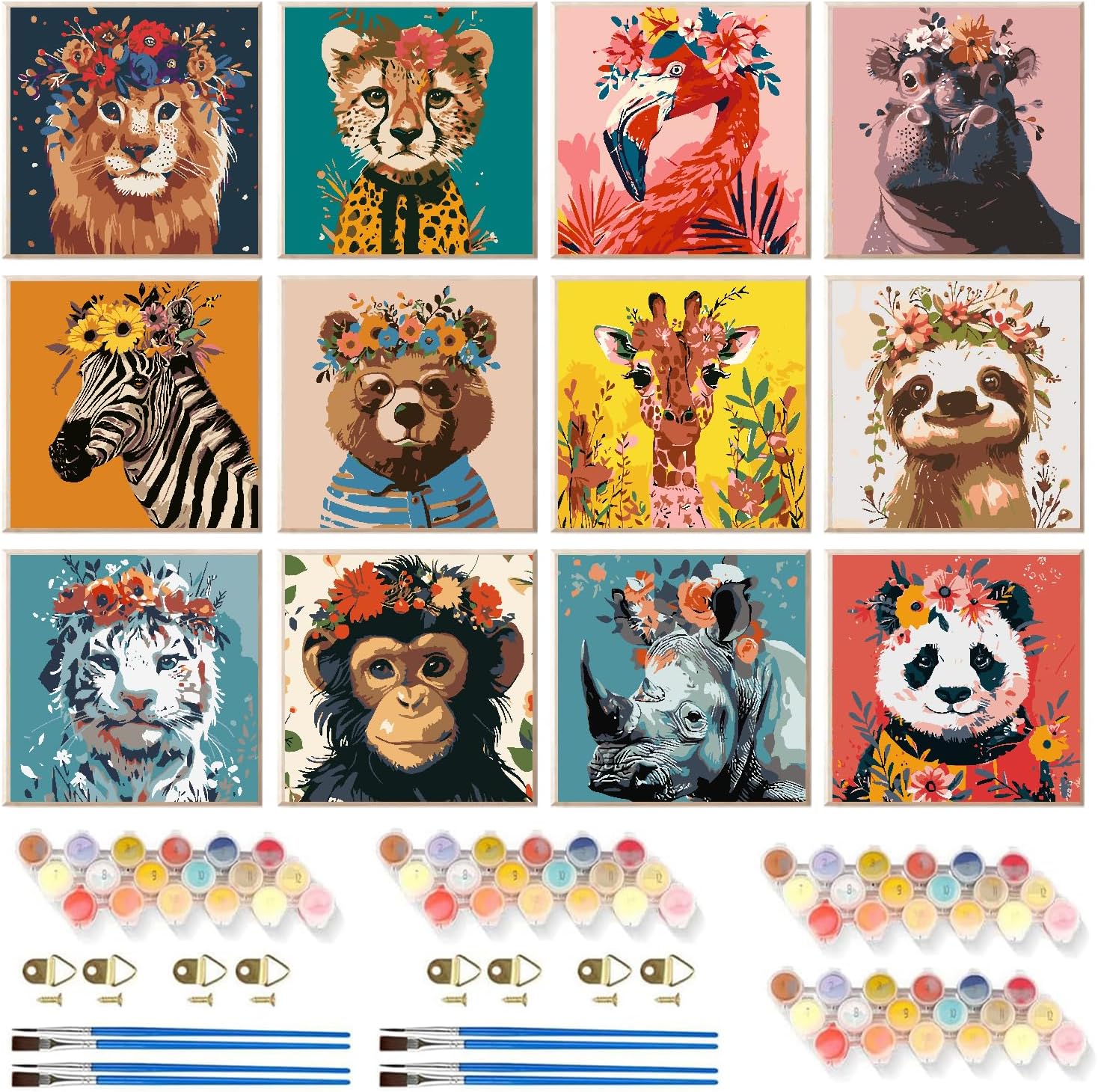 CraftCraze 12 Pack Animals Paint by Numbers Kit for Adults, Adult Paint by Number Kits, Paint by Numbers for Adults Beginners, DIY Animals Acrylic Painting on Canvas for Home Wall Art Decor 8x8 Inch