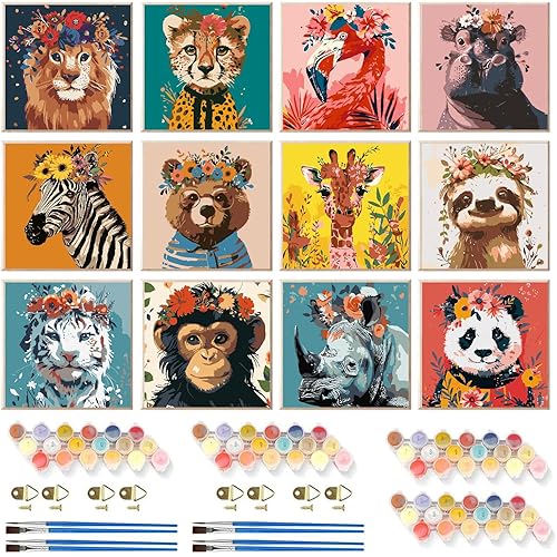 CraftCraze 12 Pack Animals Paint by Numbers Kit for Adults, Adult Paint by Number Kits, Paint by Numbers for Adults Beginners, DIY Animals Acrylic Painting on Canvas for Home Wall Art Decor 8x8 Inch