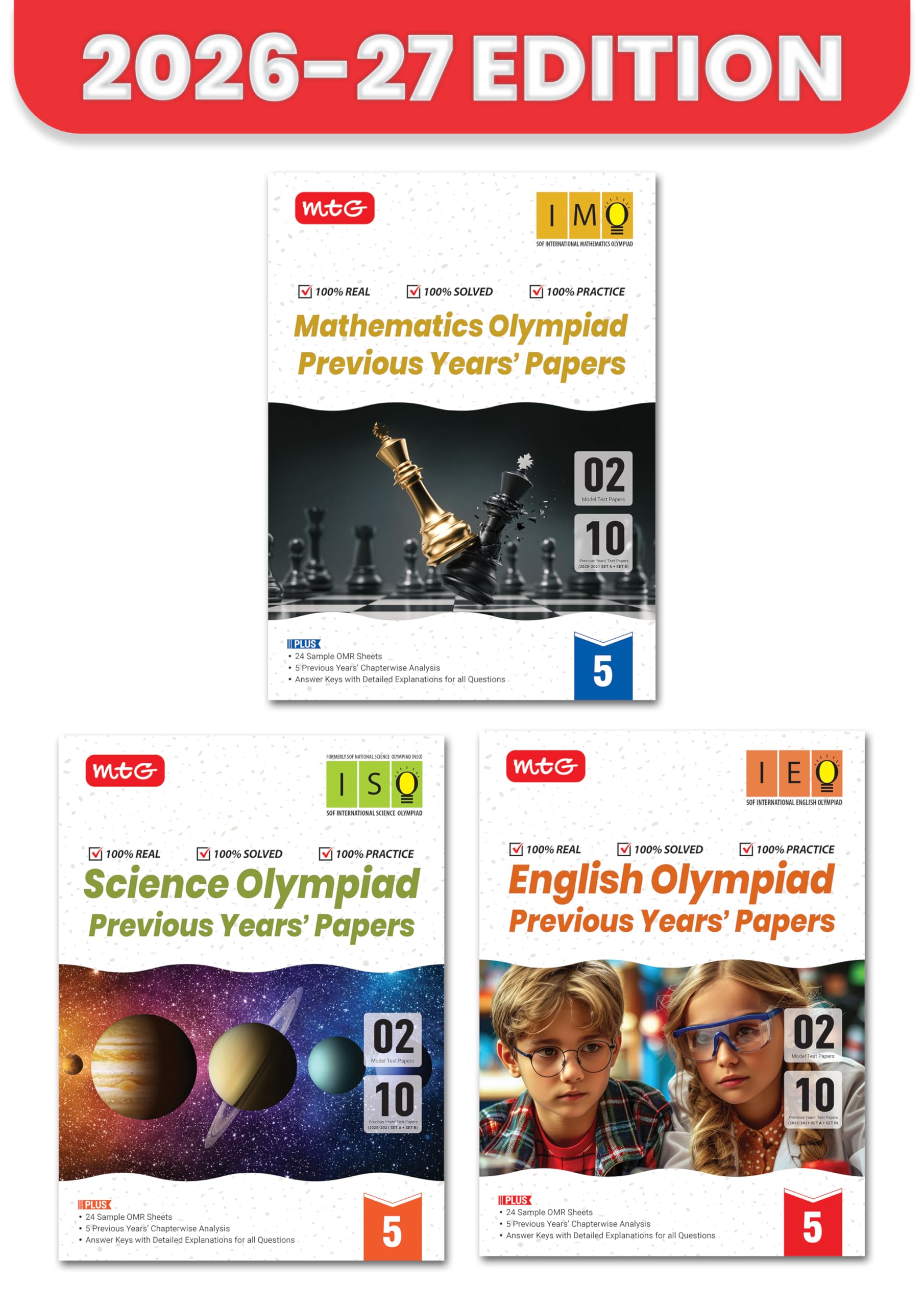 MTG IMO-ISO-IEO Olympiad 10 Previous Years Papers Class 5 (2025-2021 Set A & B) Mathematics, Science & English (Set of 3) | Model Test Papers & 24 Sample OMR Sheets | PYQ Book For SOF 2026-27 Exam