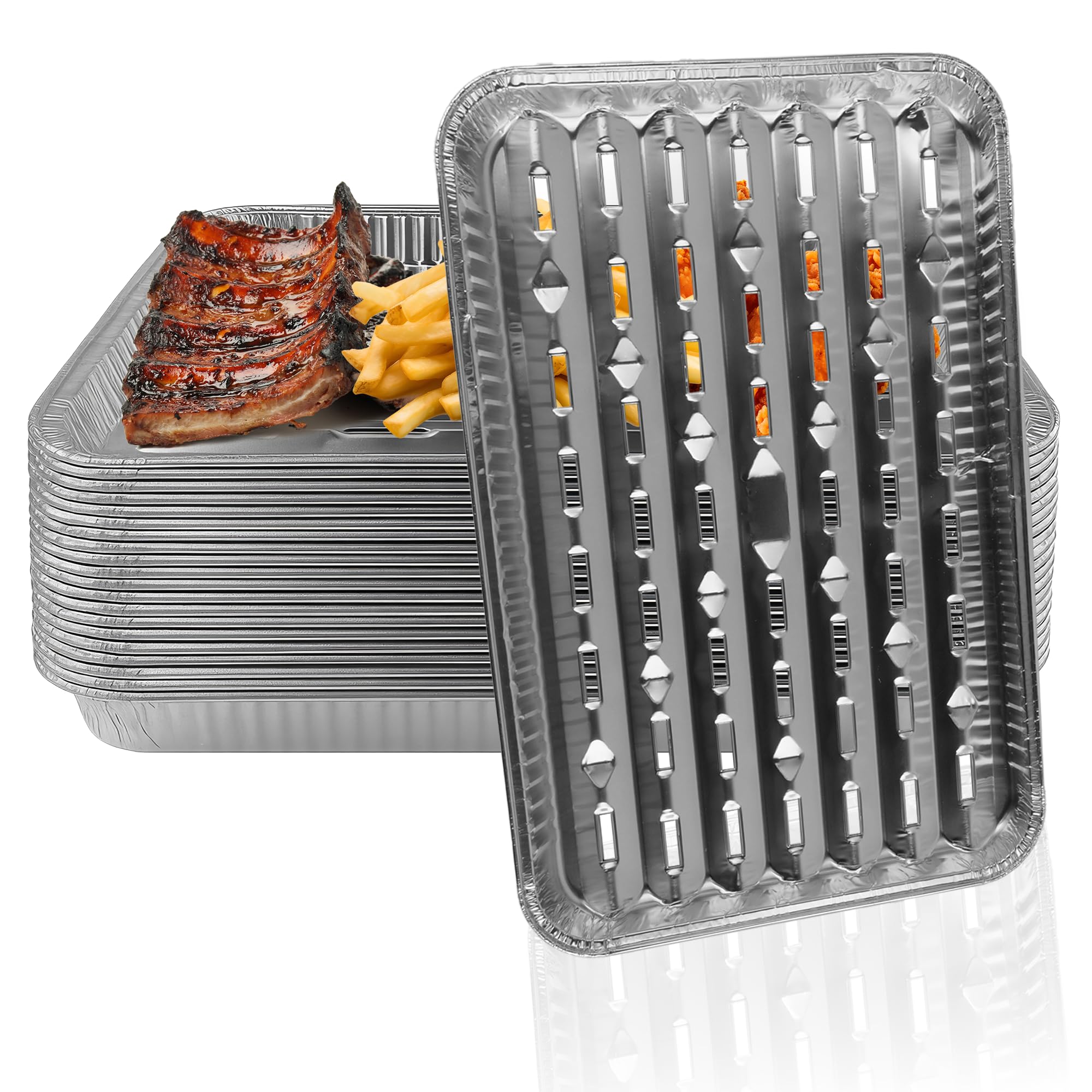 24 Pack Disposable Barbecue Trays 34cm x 23cm x 2.5cm - Aluminium Grill Containers, Aluminium Foil Pans, Baking Plate With Drip Holes, Perforated Trays, BBQ, Charcoal, Broiling, Roasting, Grease Pan