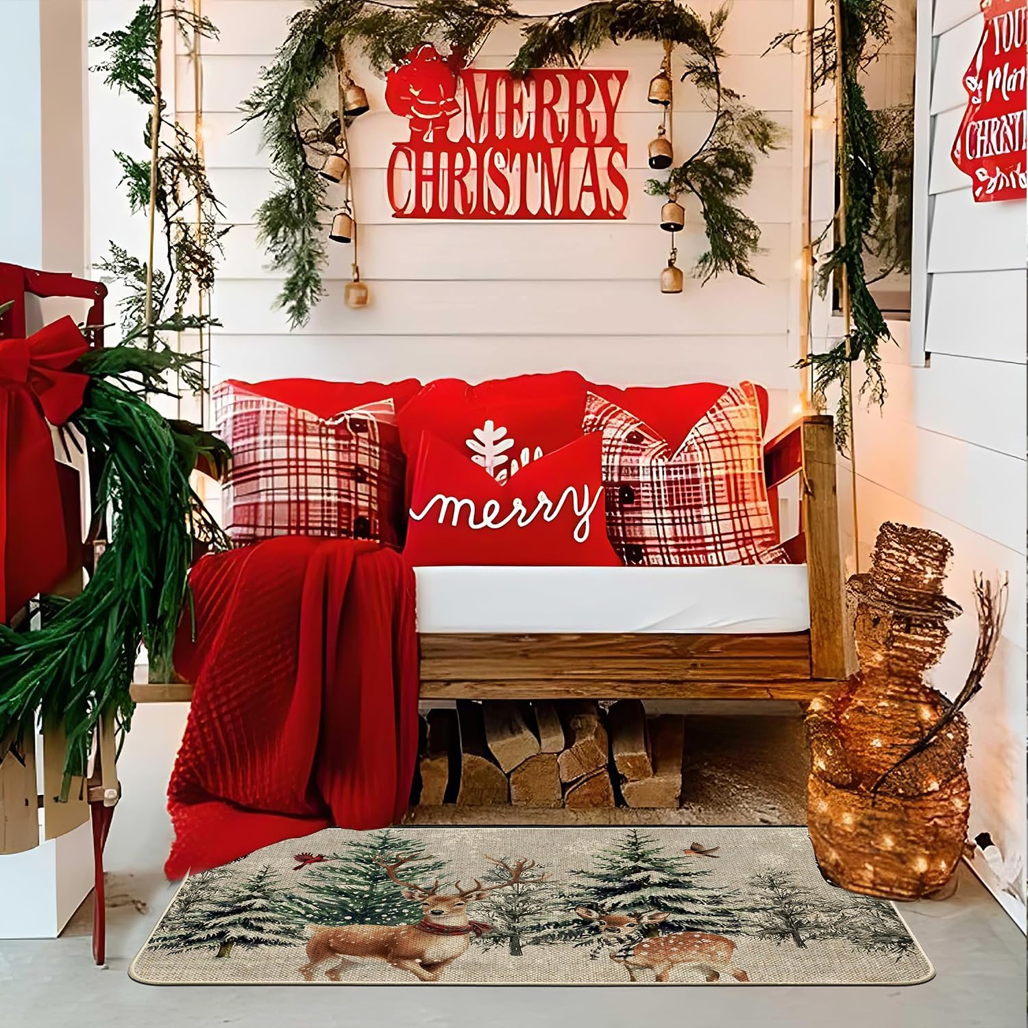 Baccessor Christmas Winter Doormat,Snowy Pine Tree Deer Cardinal Snowflakes Welcome Door Mat Non-Slip Rubber for Floor Sink Entrance Front Indoor Farmhouse Seasonal Holiday Decor 17x36 Inch