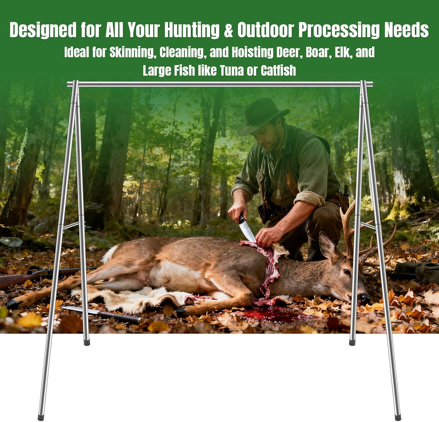 Deer Hanger for Skinning, Stainless Steel Extensible Deer Hoist, Sturdy for Hunting, Field Dressing & Game Processing, Ideal for Deer, Fish, Bear, Hogs, Goat, Elk, Game Hoist with Winch & Gambrel