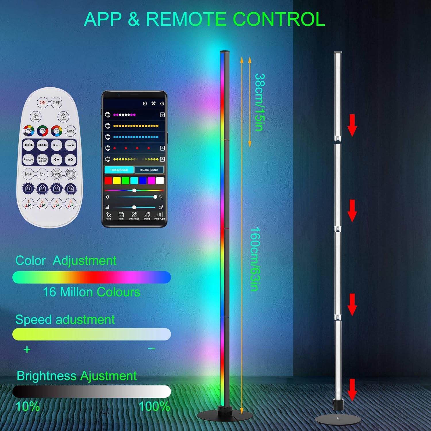 PMS 63 Inch LED Floor Lamp, Corner Mood Standing Lamp RGB Color Changing Light Dimmable Music Sync with APP & Remote Control for Living Room, Bedroom, Home Decoration