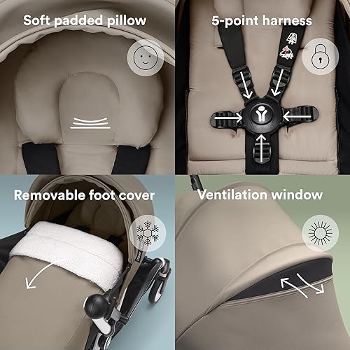 Miniatura 5 de Stokke YOYO 0+ Paquete para recién nacido, color gris pardo, incluye colchón, toldo extensible y arnés de cinco puntos, requiere marco YOYO3 (se