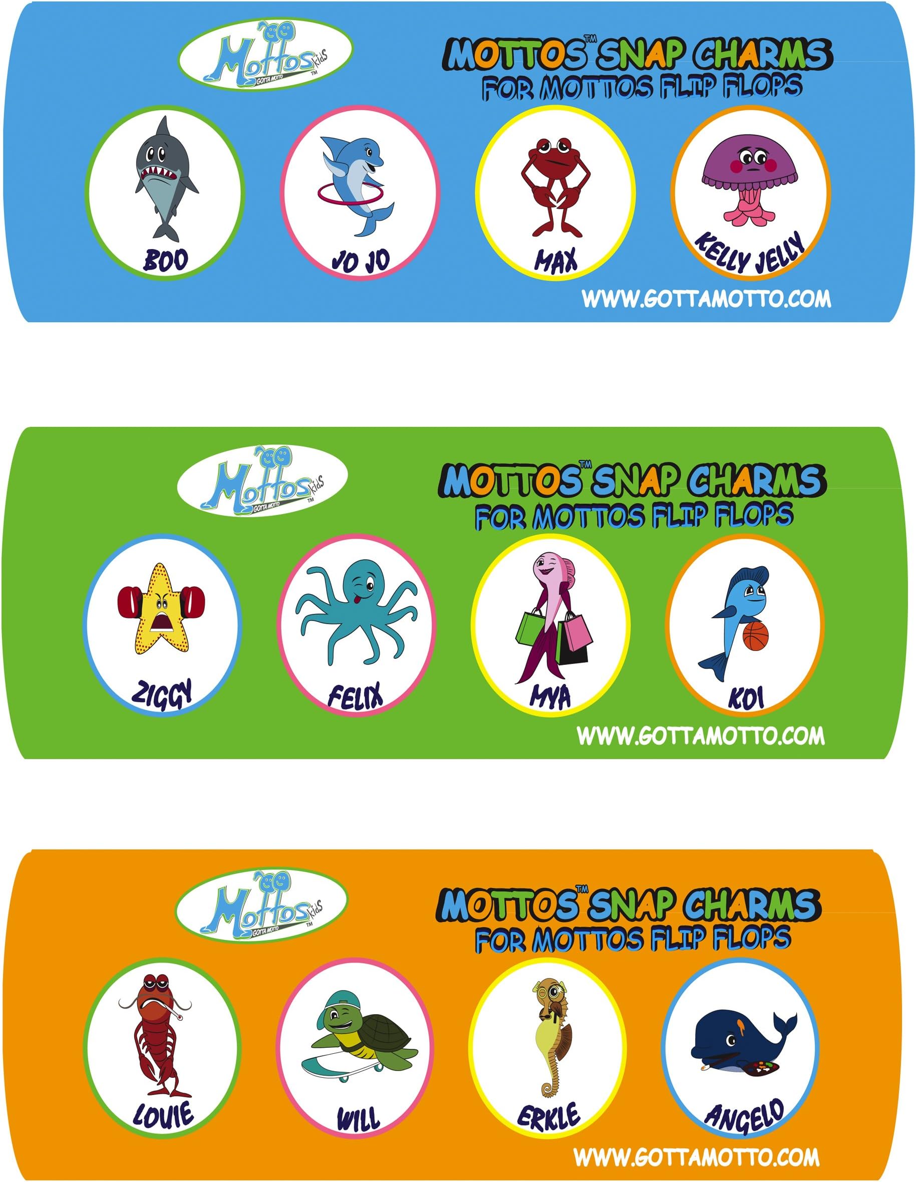 Shoe Charms for Mottos Kids Flip Flops - Custom 4-pack Expressive Sea Creature Sandal Charms - New Innovative Design Lets Kids Snap 'em In and Snap 'em Out Easily By Themselves!