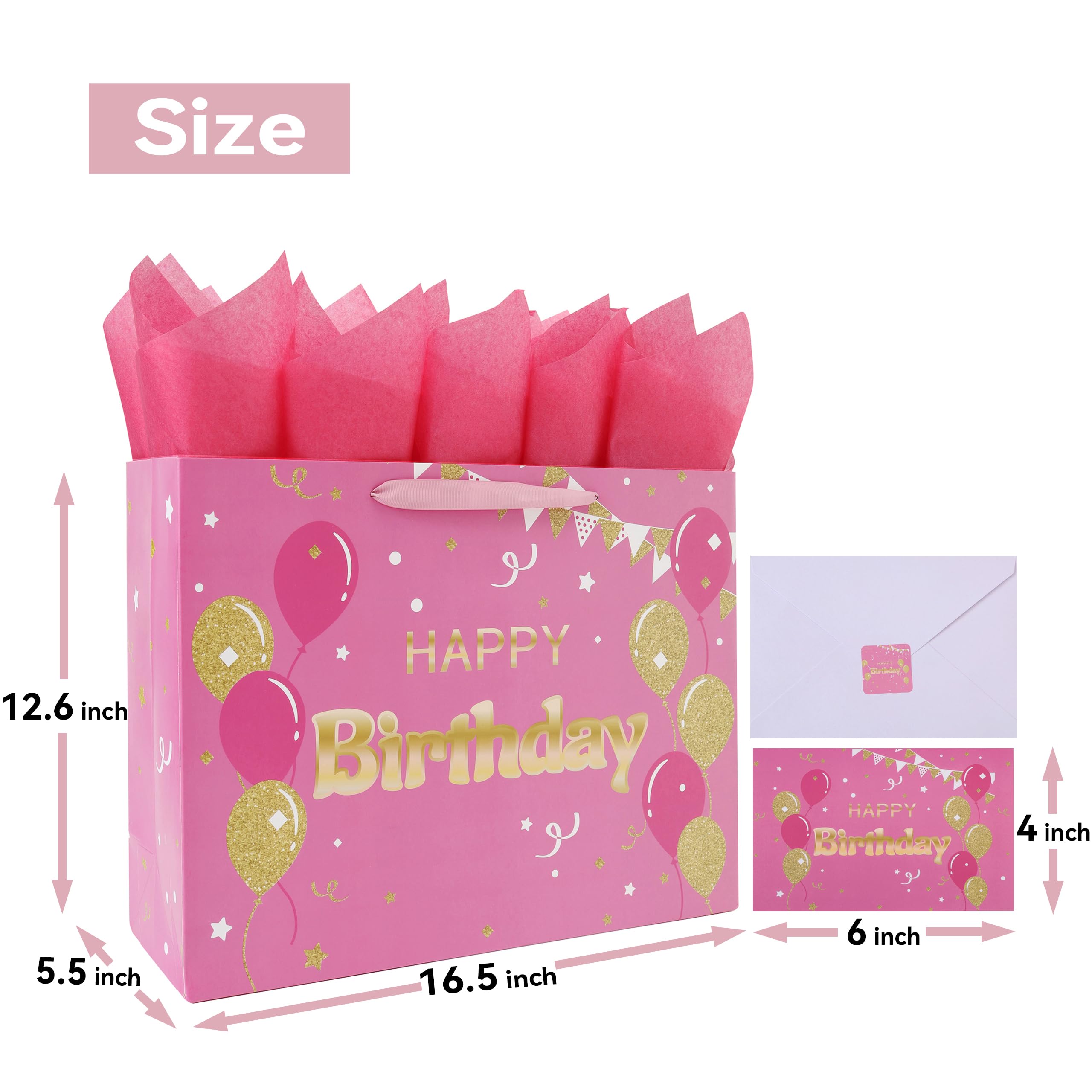 Qirrmiy 16.5" Extra Large Pink Happy Birthday Gift Bag Set with Handles, Greeting Card, Tissue Papers and Stickers for Women Girls, Balloons Design, 1 Pcs