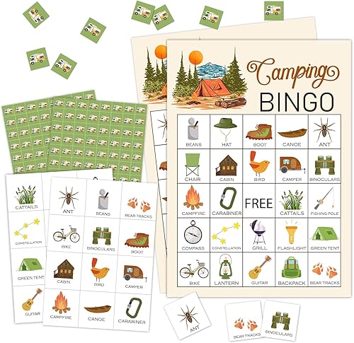 RLCNOT Juego de bingo de campamento, juego de bingo para 24 jugadores, para niños, fiesta de campamento de verano, despedida de soltera, fiesta de