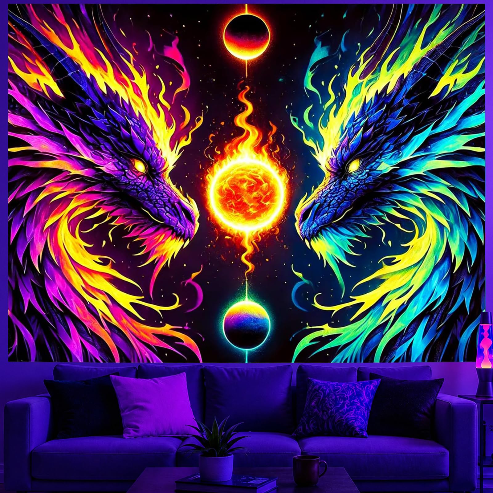 BlissYard Dragon Tapestry Blacklight Tapestry 78x59 Inch UV Wall Hanging