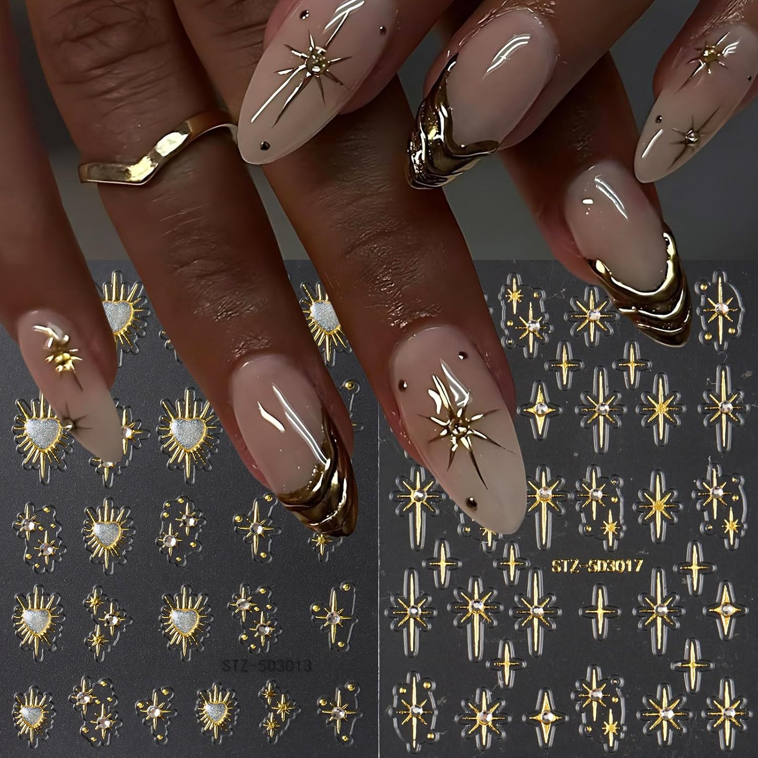Holographic Gold Star Nail Stickers with 5D Embossed Rhinestones & Laser Silver Love Heart - 4pcs Y2K Starburst Nail Art Decals+ Tweezers - Shiny Wedding Nail Decorations for Women Supplies