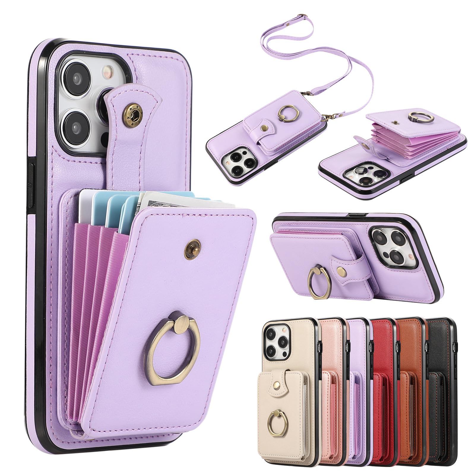 for iPhone 16 17 Pro Max Phone Case Wallet with Card Holder Rotation Finger Ring Shockproof Protection Phone