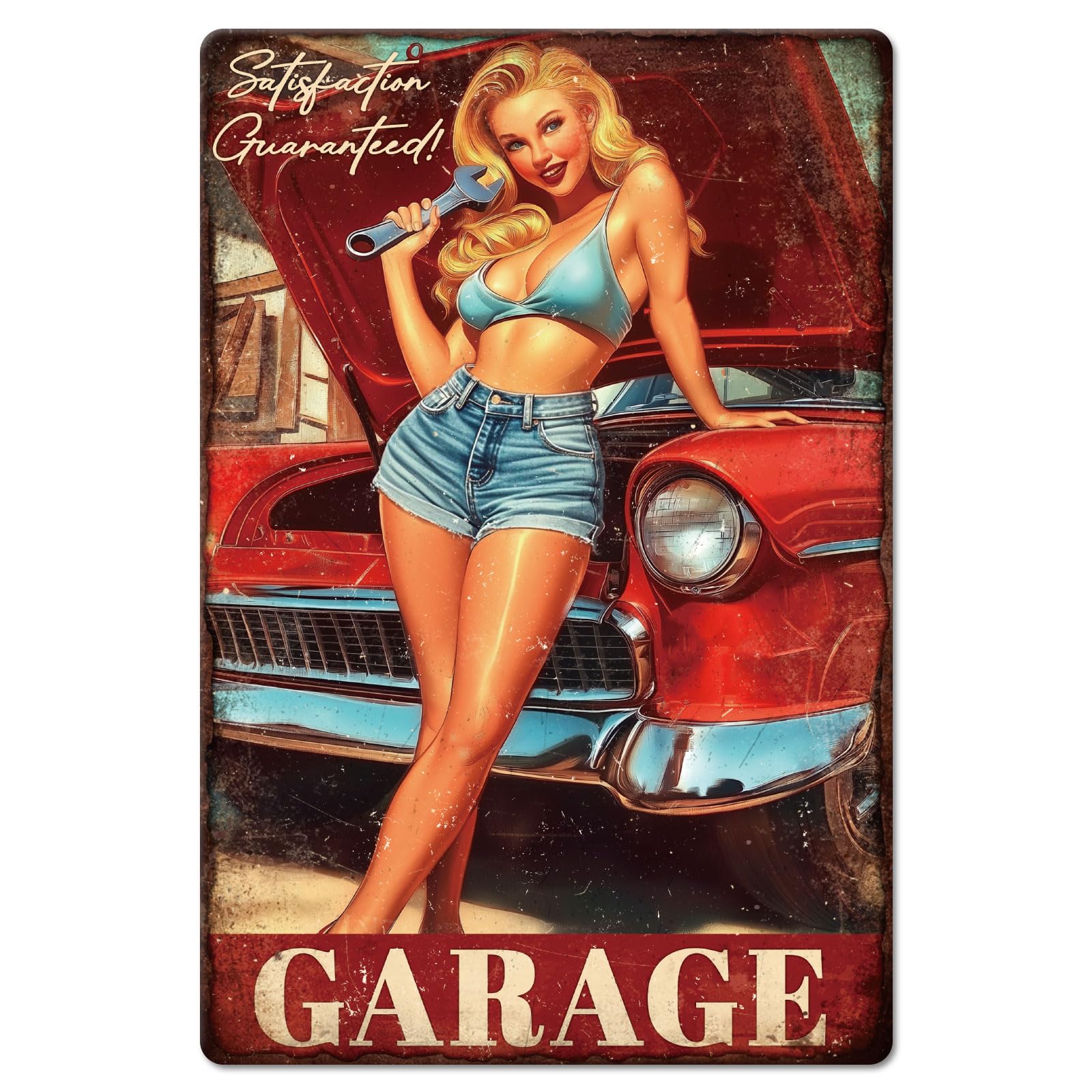 GLOBLELAND Retro Car Repair Lady Metal Tin Sign Vintage Painting Tin Signs 12x8inch Retro Wall Art Plaque Poster for Home Office Bar Club Garage Decoration