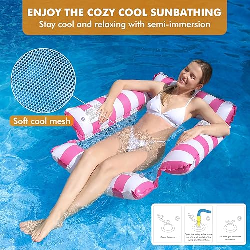 Miniatura 2 de Flotador inflable para piscina, para adultos y niños, hamaca flotante con patrón de rayas para fiesta en la piscina, diversión acuática de verano