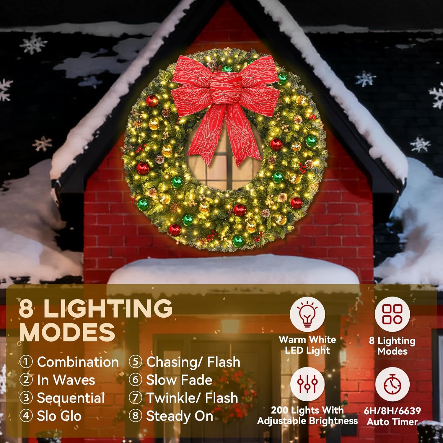 Christmas Wreath - 48 Inch Large Outdoor Christmas Wreath with Lights - 200LED Pre-Lit Christmas Reef 512 PVC Tips Artificial Xmas Wreaths with Timer, Bows Ornament Balls Pine Cones Berries