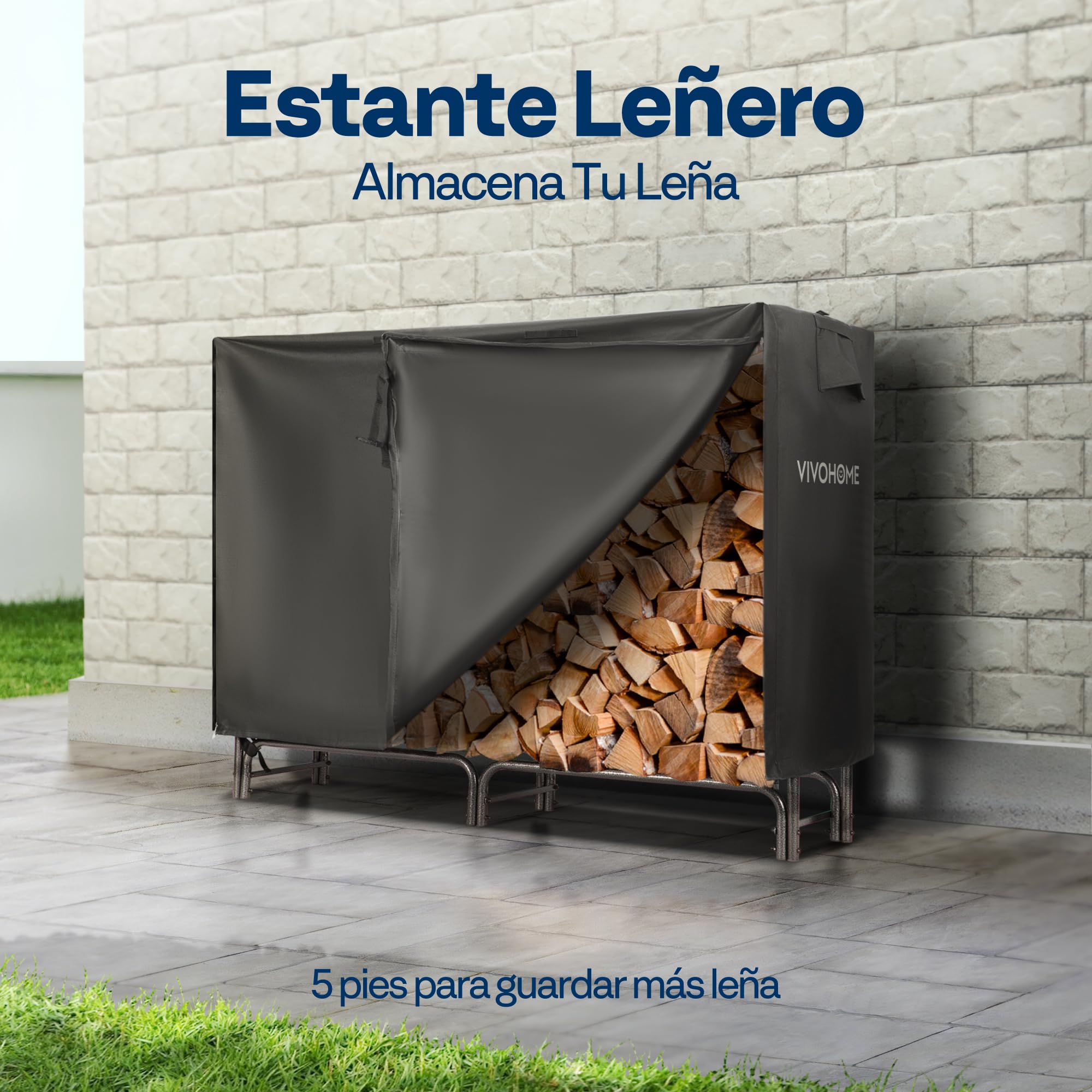 VIVOHOME Estante Metálico para Leña con Cubierta Impermeable, 153×35×123cm Soporte de Leña para Chimenea Organizador Jardín, Almacenamiento Interior y Exterior
