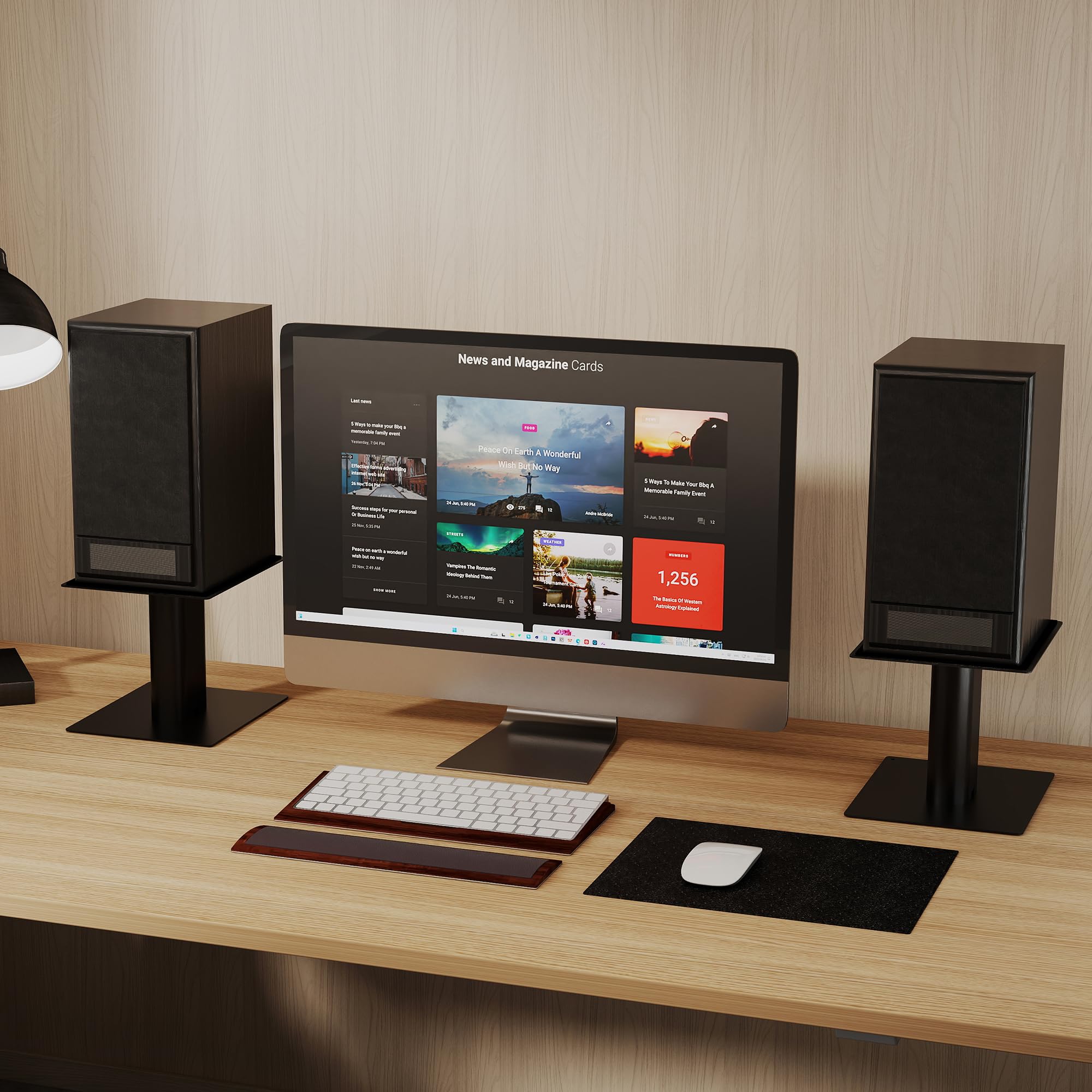 suptek Supporto per Altoparlante da Scrivania con Vassoio,Supporti Universali per Altoparlanti Ideali per Home Cinema e Ufficio,16,5 x 20 cm,Altezza 157 mm,Carico Massimo 20 kg,Nero