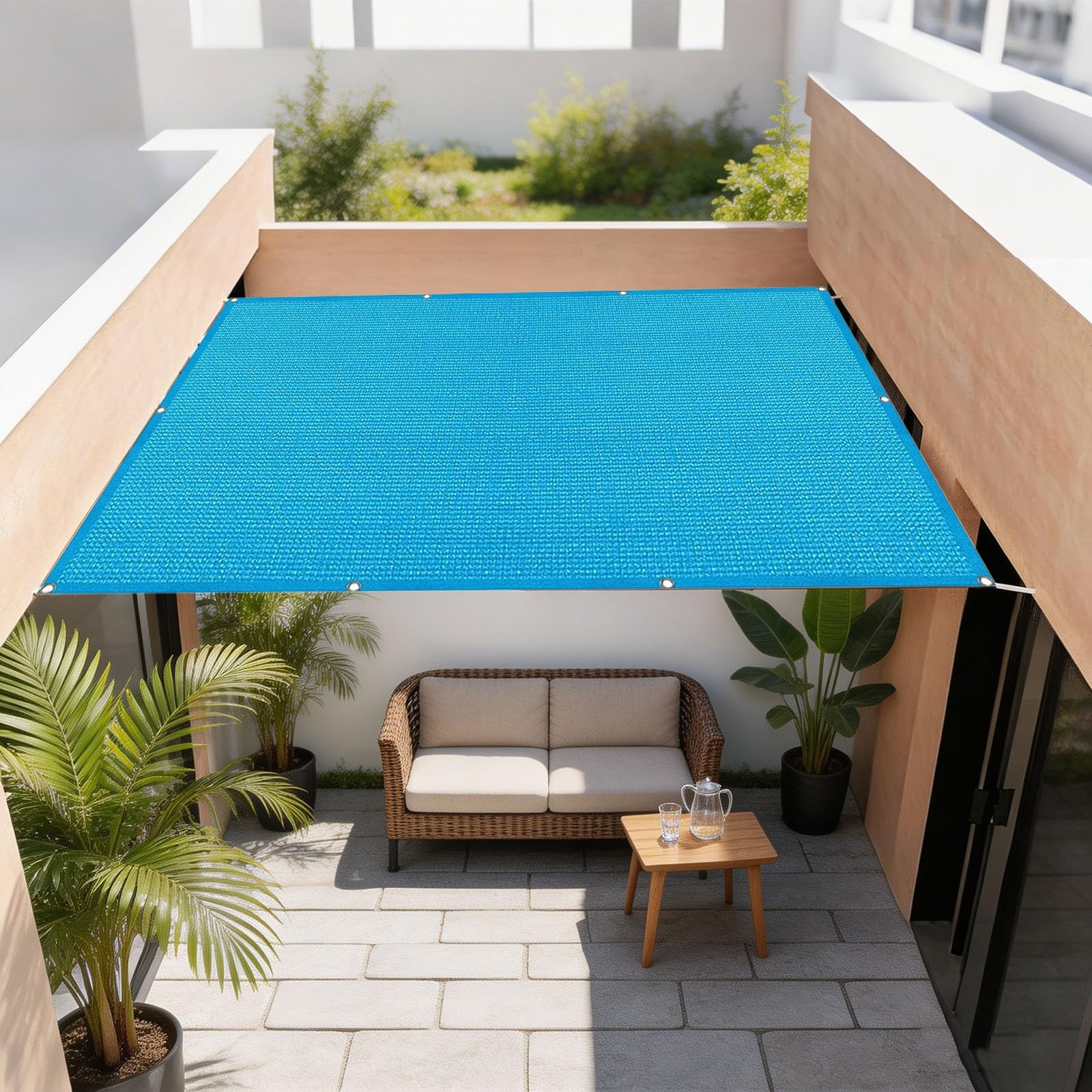 Voile d'ombrage 4x8.5m HDPE bleu ciel pour terrasse et jardin