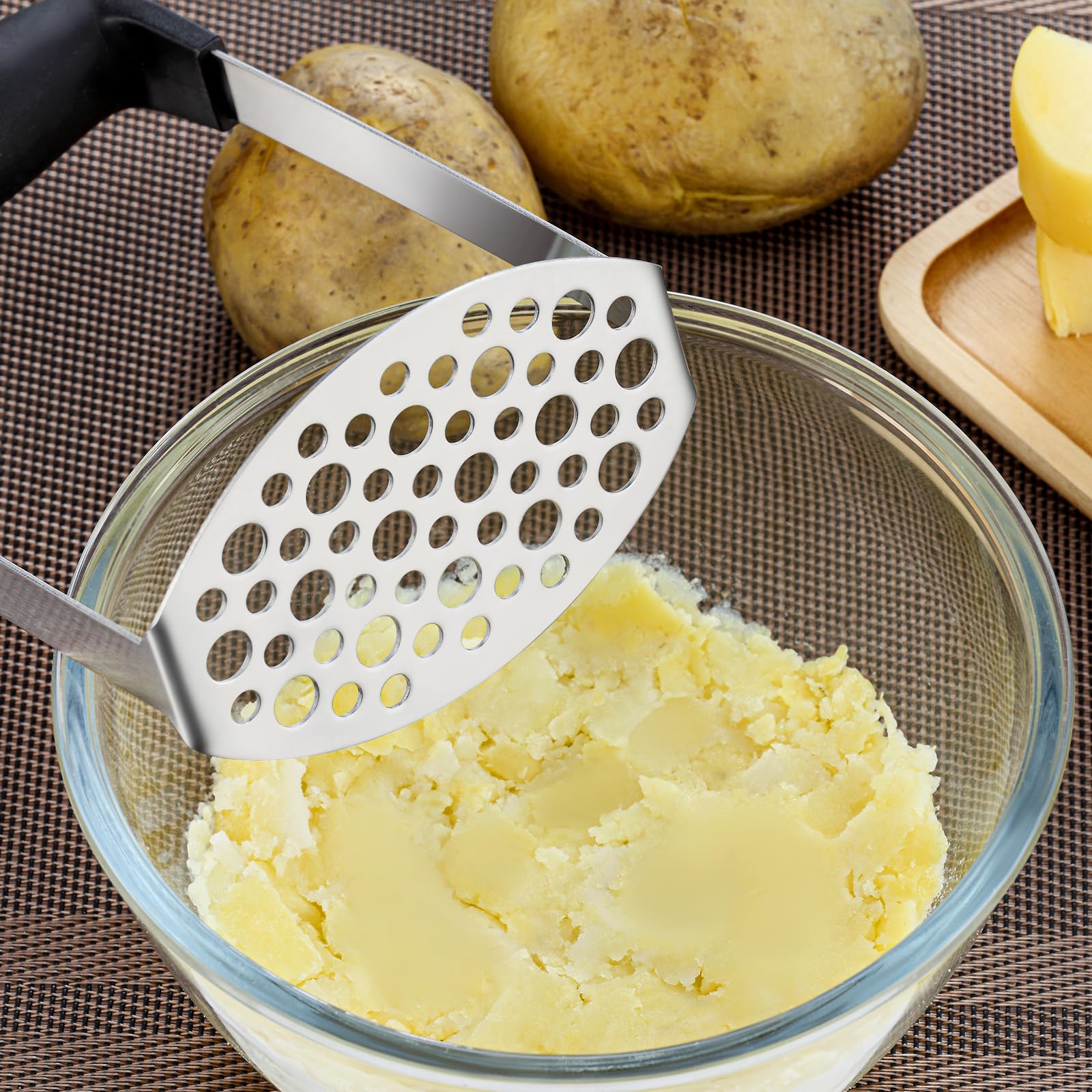 Triturador de patatas, Pleafind Potato Masher Stainless Steel, utensilio de cocina duradero con mango antideslizante, perfecto para judías, verduras, frutas, aguacate, apto para lavavajillas