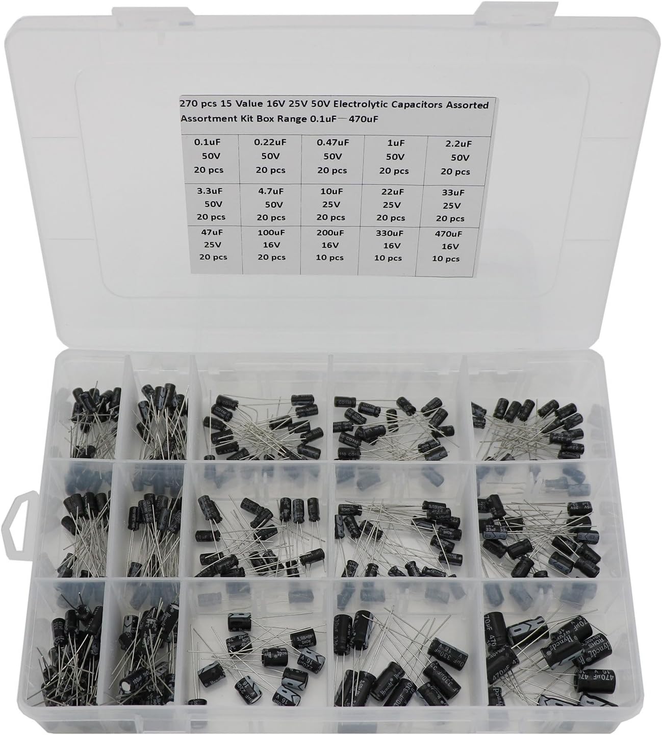Capacitors Kit,16V 25V 50V Electrolytic Capacitors Assortment Kit Box Range 0.1uF－470uF 15 Value 270 Pcs