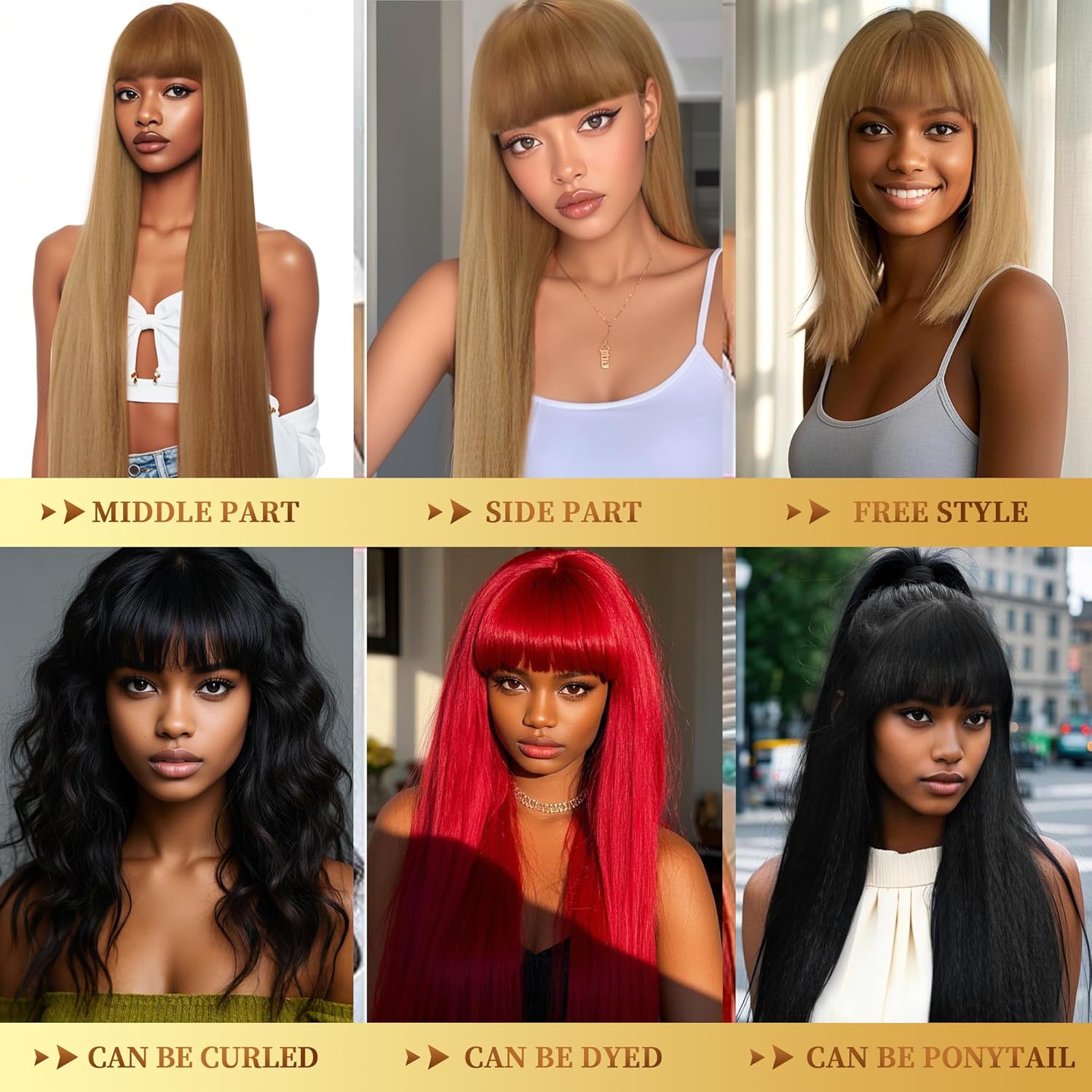 48 Inches Surper Long Straight Wig for Women Flat Bangs Soft Yaki Kinky Wigs for Daily Party Halloween Christmas Cosplay Wig Synthetic Hair Strawberry Blonde 120CM