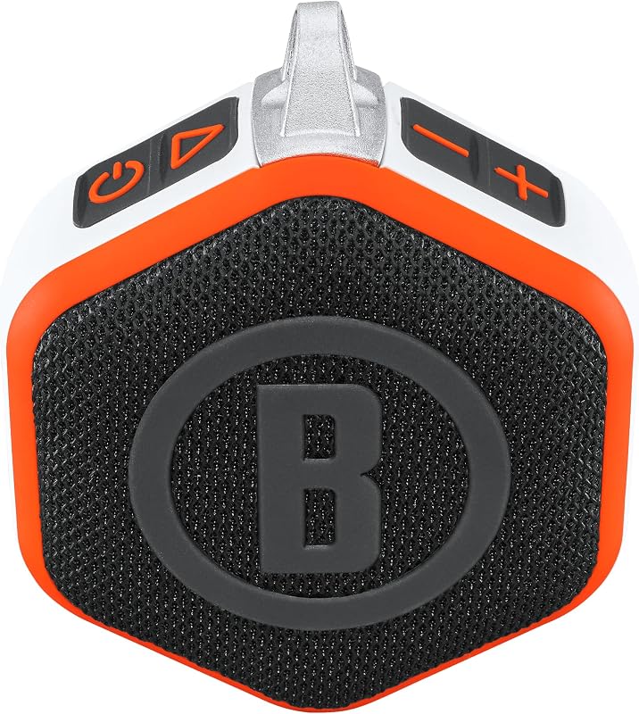 Golf Wingman Mini GPS Speaker, Orange | Ultra Portable Bluetooth Golf Speaker with Audible Distances, Magnetic Cart Mount, Waterproof, 10Hr Battery & Carabiner