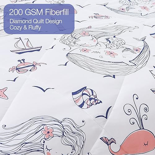 Miniatura 4 de JSD Juego de edredón de sirena tamaño individual para niñas, edredón de microfibra de 2 piezas con temática oceánica con funda de almohada, ligero,