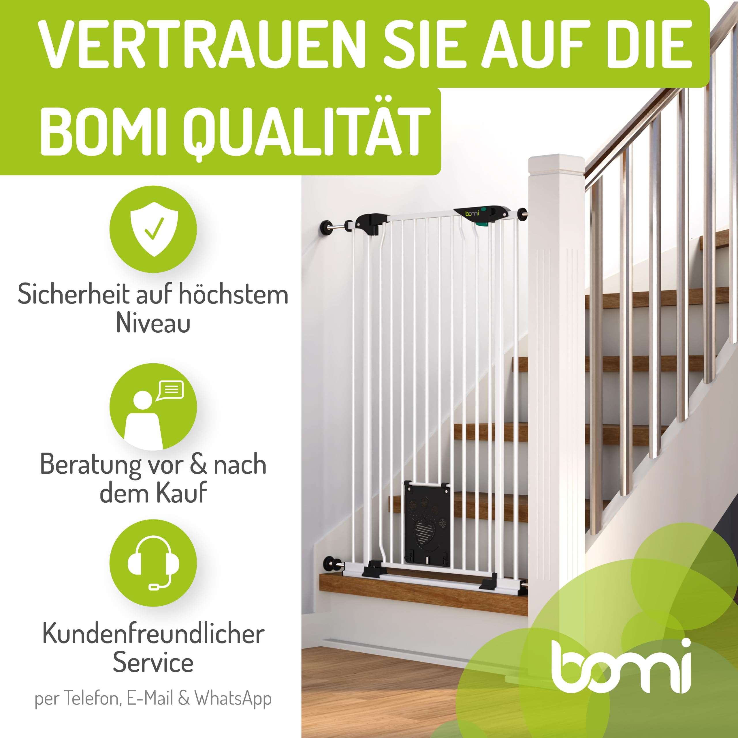 BOMI Tierschutzgitter Mira | Türschutzgitter mit Katzenklappe | Ideales Absperrgitter Hund, Katzengitter Tür & Welpen Zubehör | Hundegitter Wohnung weiß Metall | Breite: 83-93 cm