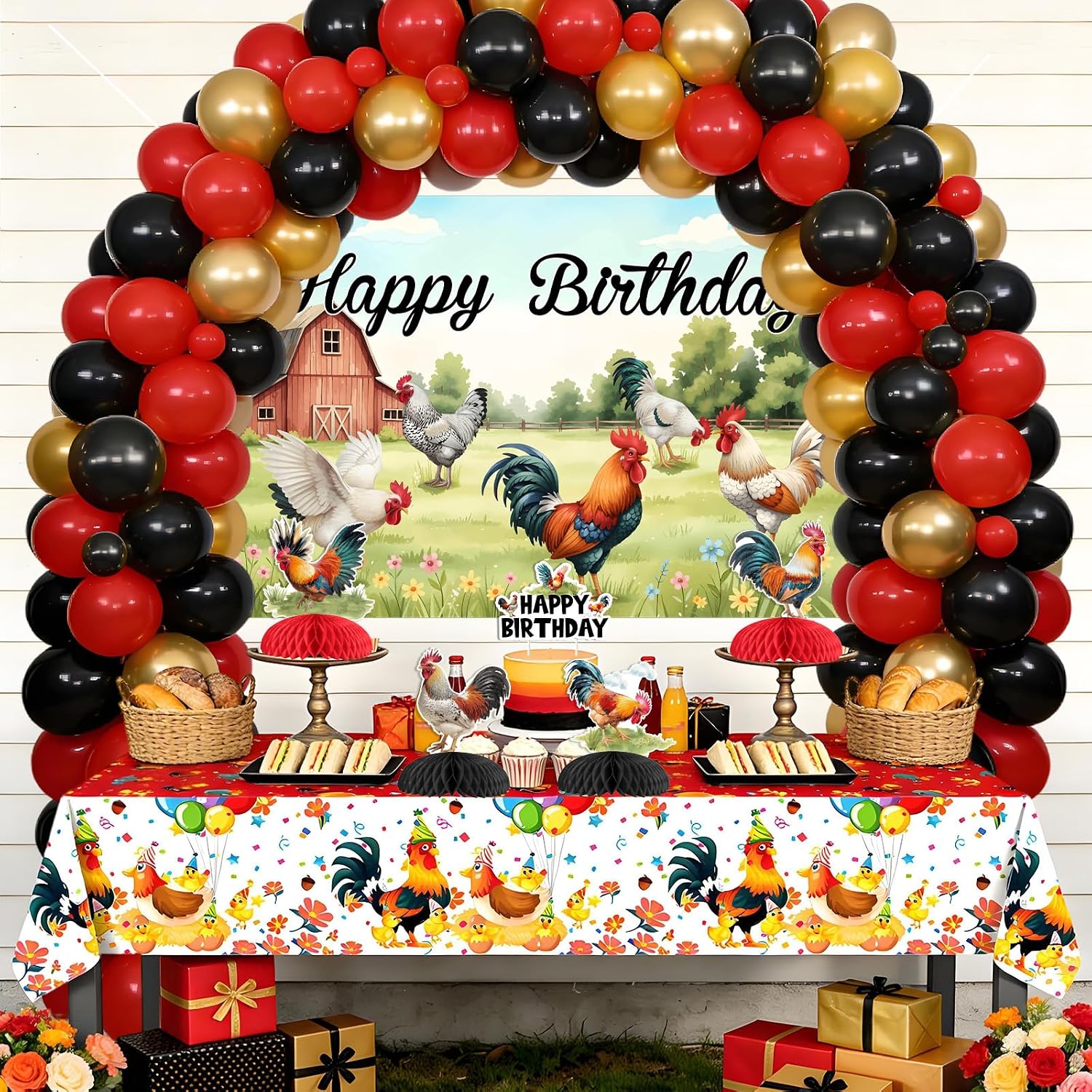 Rooster Birthday Party Decorations for Boys Girls - Red Black Balloons Garland Arch Kit with Chicken Happy Birthday Backdrop, Cake Topper, Honeycomb Centerpieces, Chick Theme Tablecloth