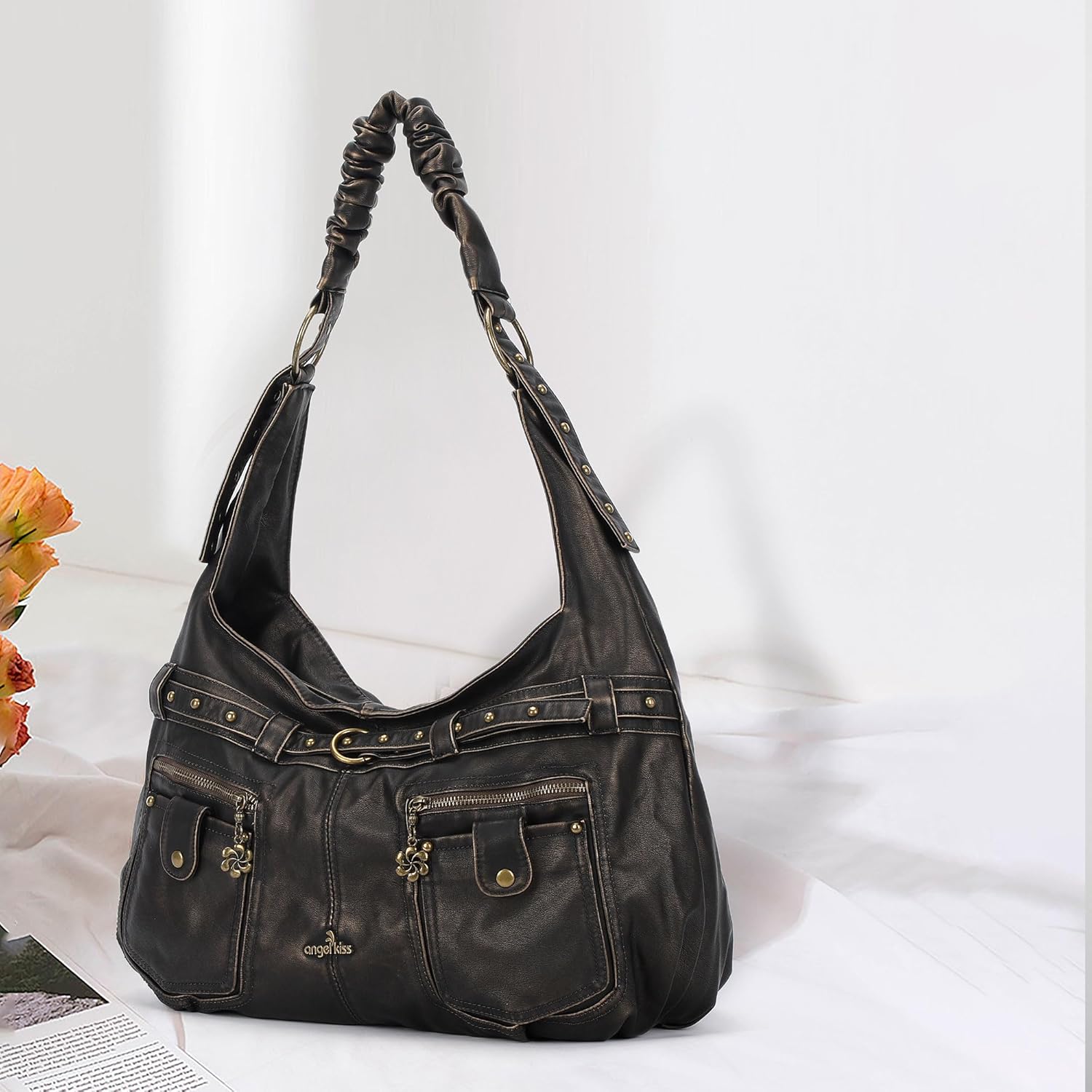 Angel Kiss Purses for Women Large Hobo Shoulder Bags Vagen Leather Multi-Pocket Tote Bag Ladies Designer Handbags with Studs - Image 3