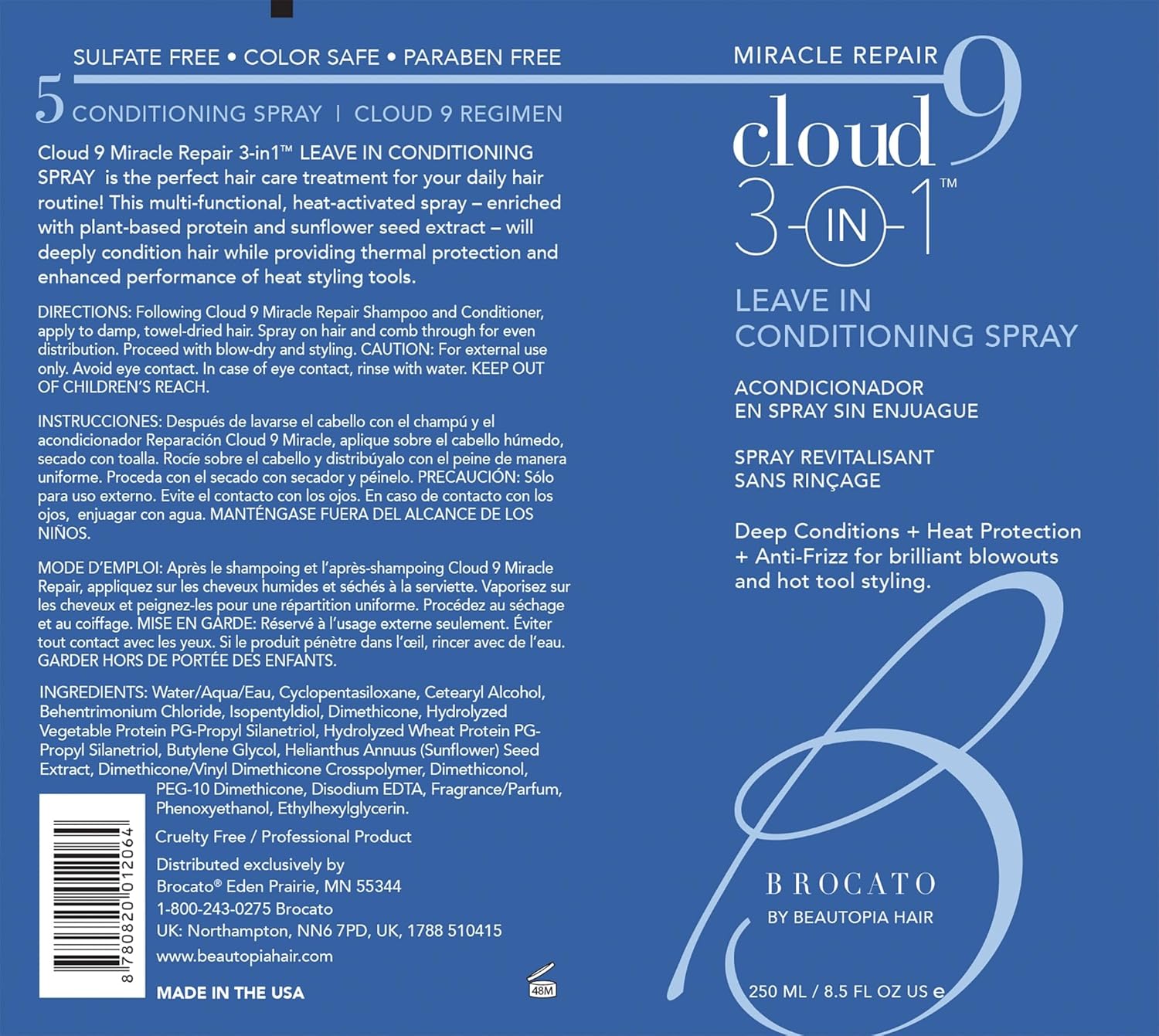 Brocato Cloud 9 Miracle Repair 3-in-1 Heat Protectant and Leave-In Conditioning Spray, 8.5 Oz | For Brilliant Blowouts and Anti-Frizz Hair | Restore Shine and Strengthening for All Hair Types