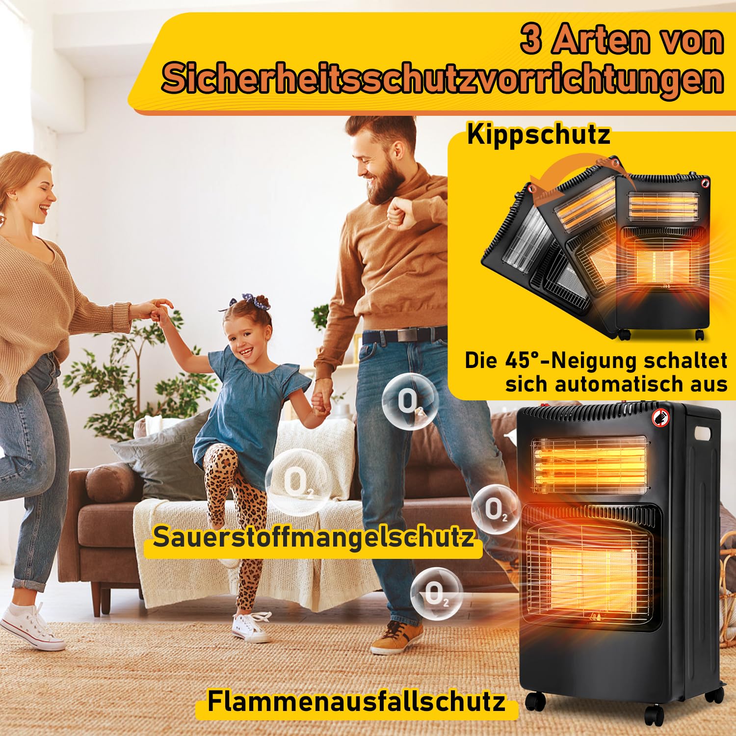 Calefactor de gas para interiores, calentador de gas eléctrico, calentador de infrarrojos, para botellas de gas de hasta 15 kg, incluye regulador de presión de gas, manguera de gas y