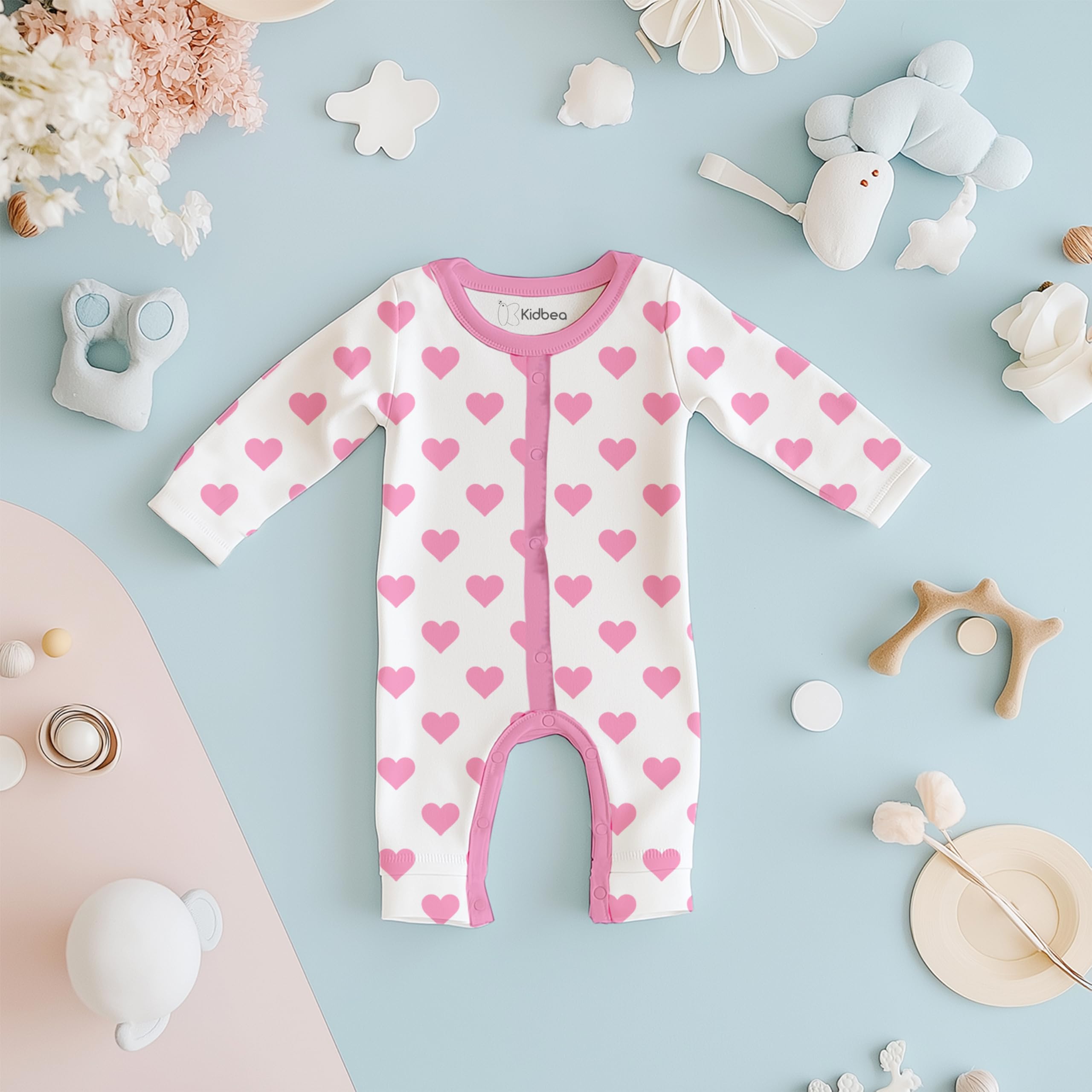 Kidbea® 100% Cotton Rompers Jumpsuit Night Suits for Infants Newborn Baby Boys & Girls Heart Printed With Pink Color Size 18-24 Months - Image 4 thumbnail