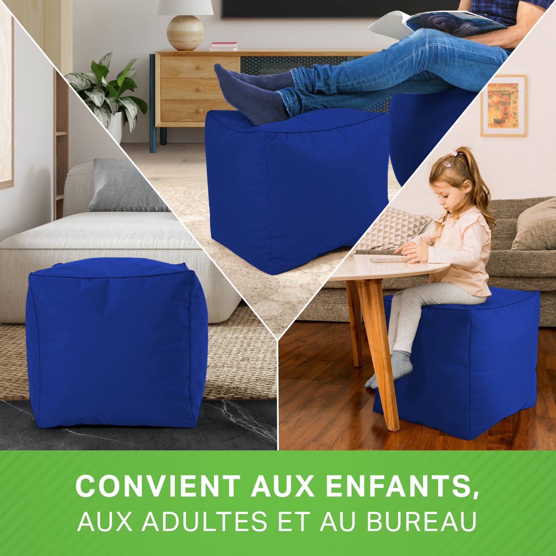 Green Bean Pouf-Tabouret 40x40x40cm Remplissage Perles EPS Coussin Pieds Chaise Sol Enfants Adultes Repose-Pieds Siège Tabouret Bleu