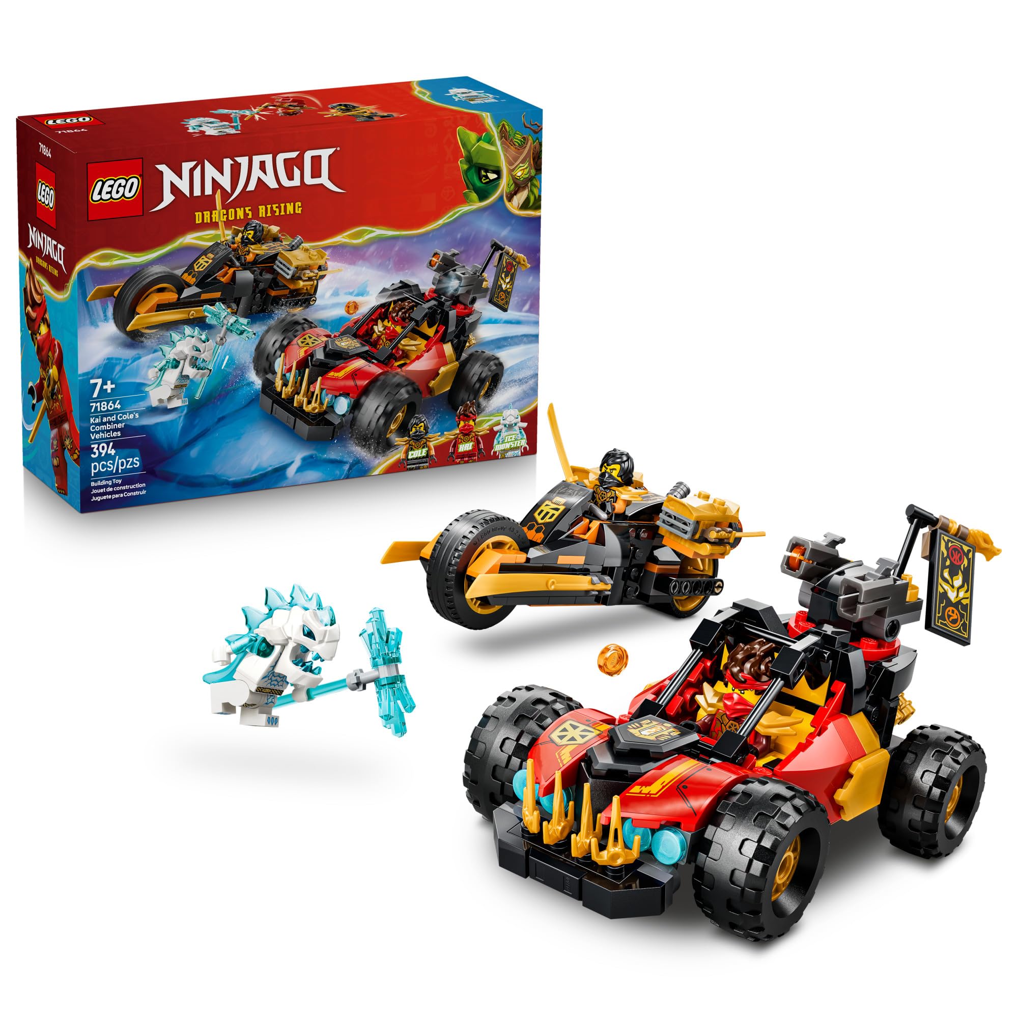 NINJAGO Kai and Cole's Combiner Vehicles 71864 | Building Toys for Boys & Girls, Ages 7+, Toy Car & Motorcycle for Pretend Play, 3 Minifigures, 394 pieces, Gift for Birthdays
