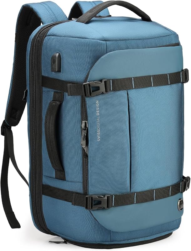 Swissdigital Design Travel Backpack 40L,TSA Friendly Flight Approved Carry-on Hand Luggage,with USB Charging Port Large Weekender Bag Fits 17 Inch Laptop Backpack Blue | SD1756-30