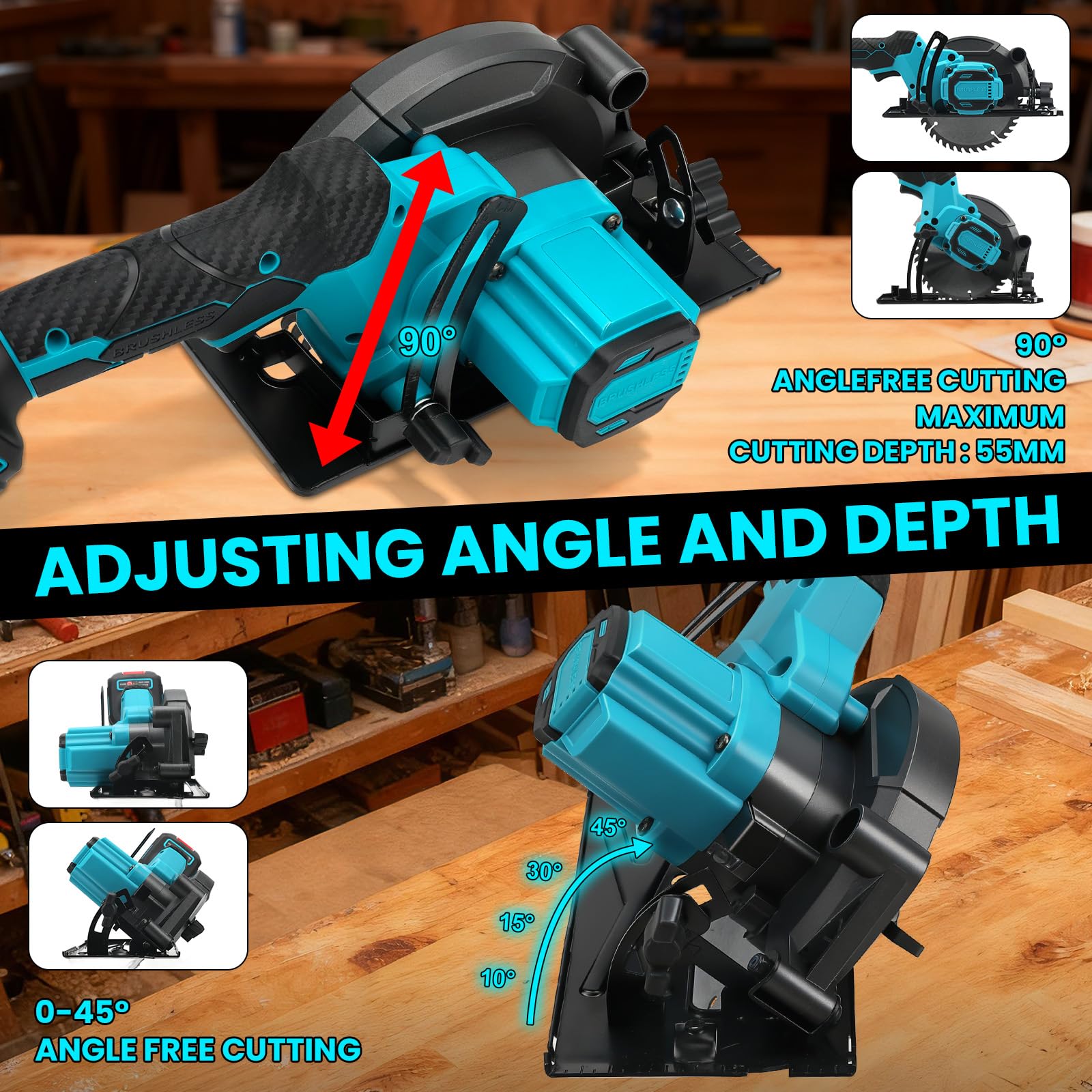 Sierra circular con batería para Makita 18 V batería, 1200W Sierra Circular de Mano 5800 RPM, sierra circular de mano con 3 hojas, minisierra circular sin escobillas para Corte de Madera/Plástico