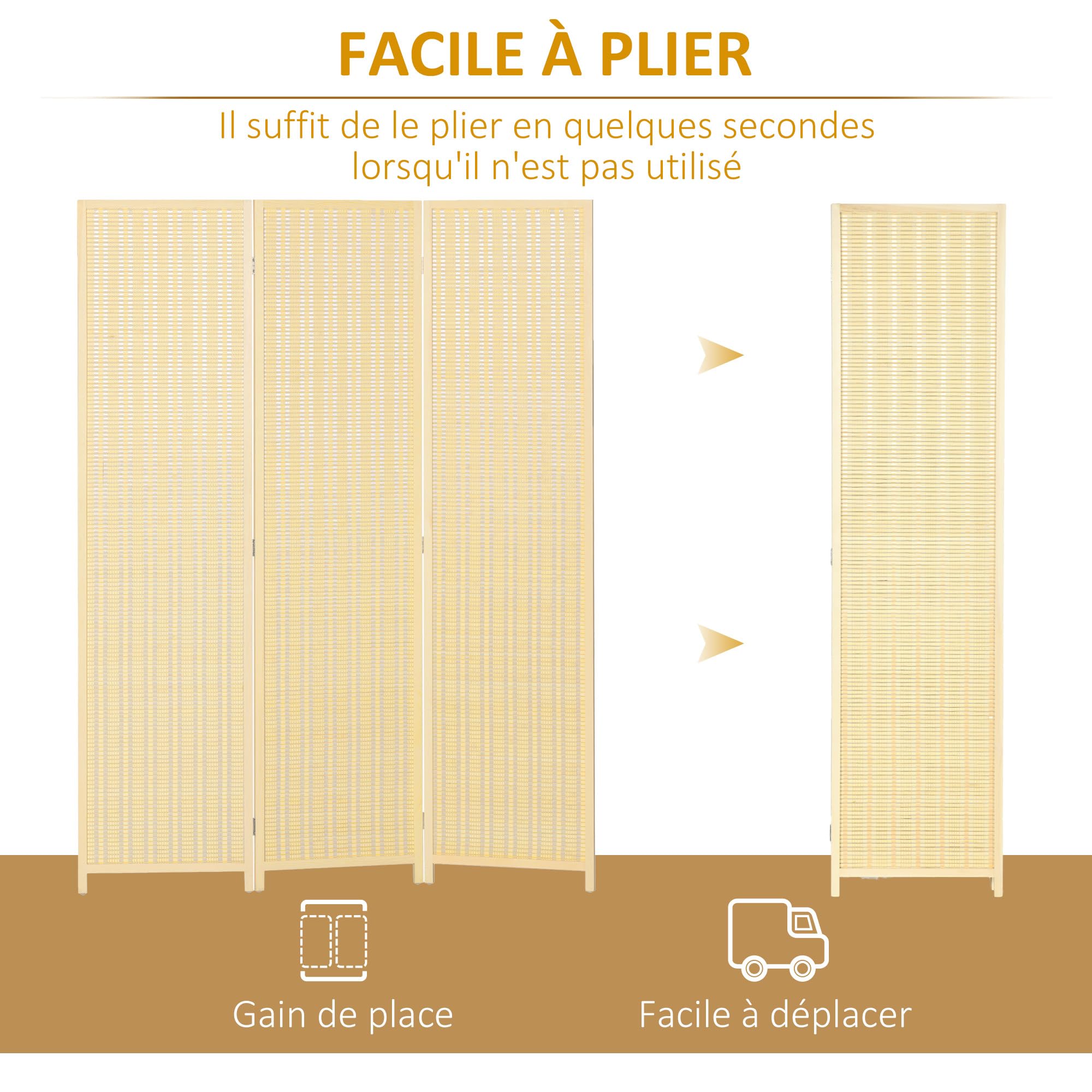 HOMCOM Paravent Intérieur 3 Panneaux Bois - Séparateur De Pièce Pliable 135x180 Cm Naturel