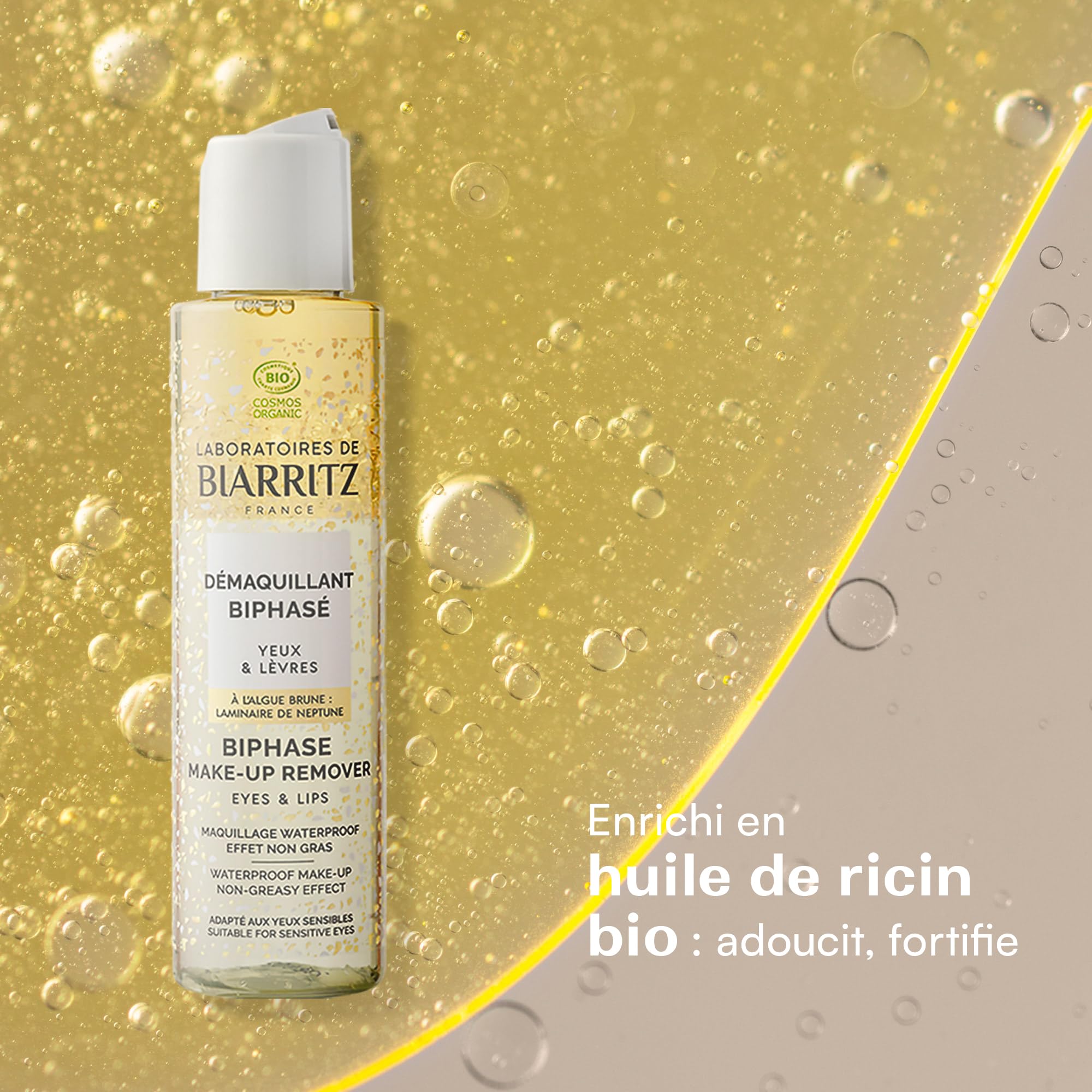 Laboratoires de Biarritz Démaquillant Biphasé Bio 125 ml | Yeux et Lèvres, Élimine Rapidement Tous Types de Maquillage, Formule Vegan, Certifié Bio, Fabriqué en France