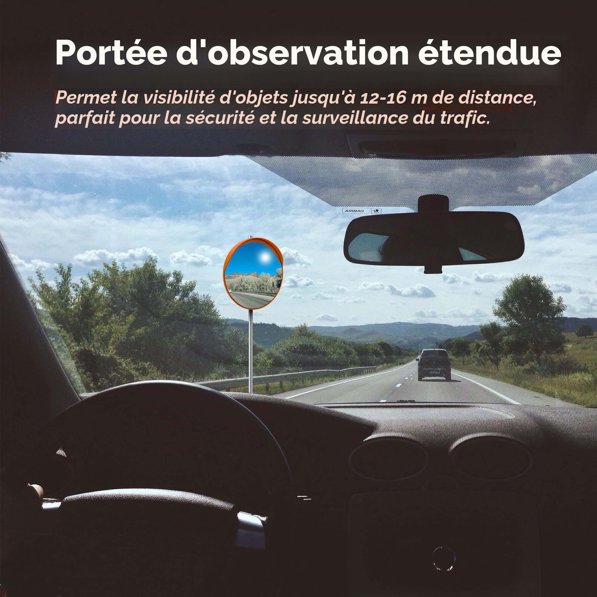 Miroir de sécurité convexe de 80 cm de forme circulaire | Miroir de sécurité convexe rond | Grand angle visible haute définition avec corps en plastique orange